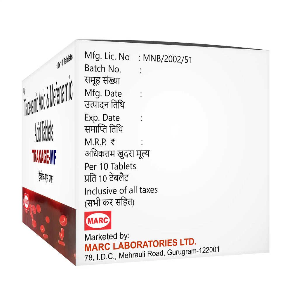 Traxage MF Tranexamic Acid & Mefenamic Acid Tablet –Helps reduce heavy menstrual bleeding and relieves period pain, providing effective relief and improving comfort during menstruation when used as prescribed.