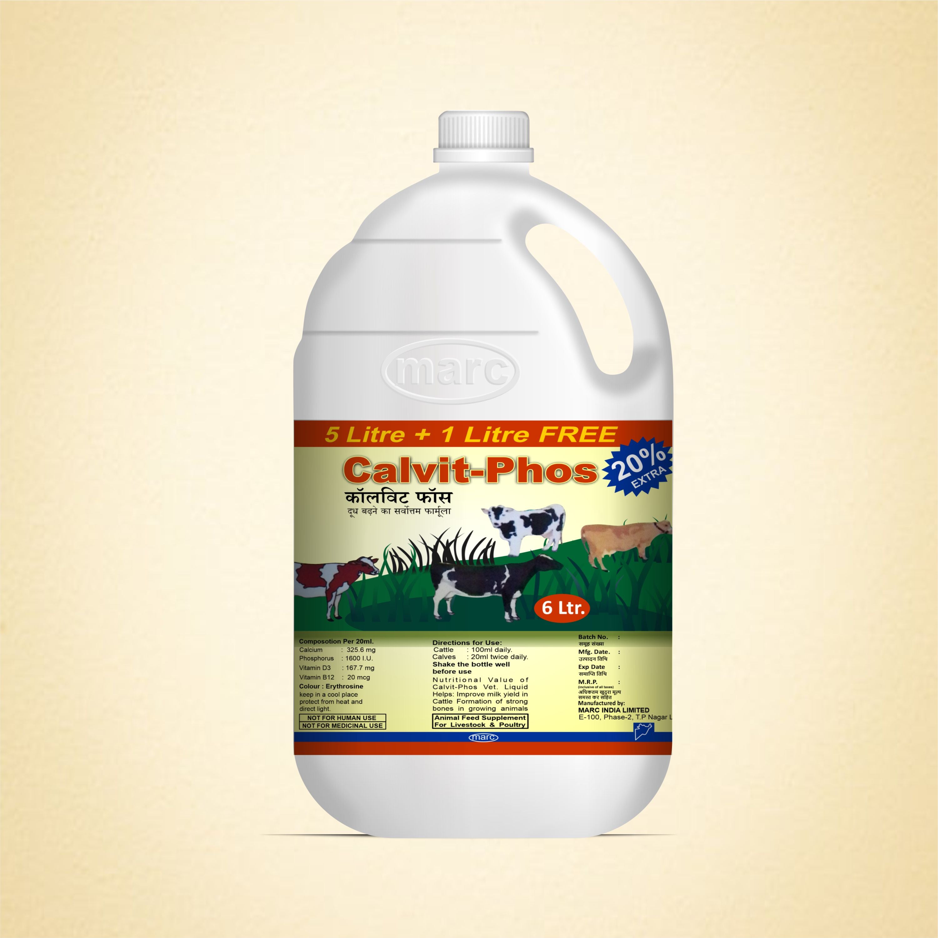 Calvit Phos Syrup 6ltr – Liquid Calcium & Phosphorus with Vitamins D3 & B12 for Livestock