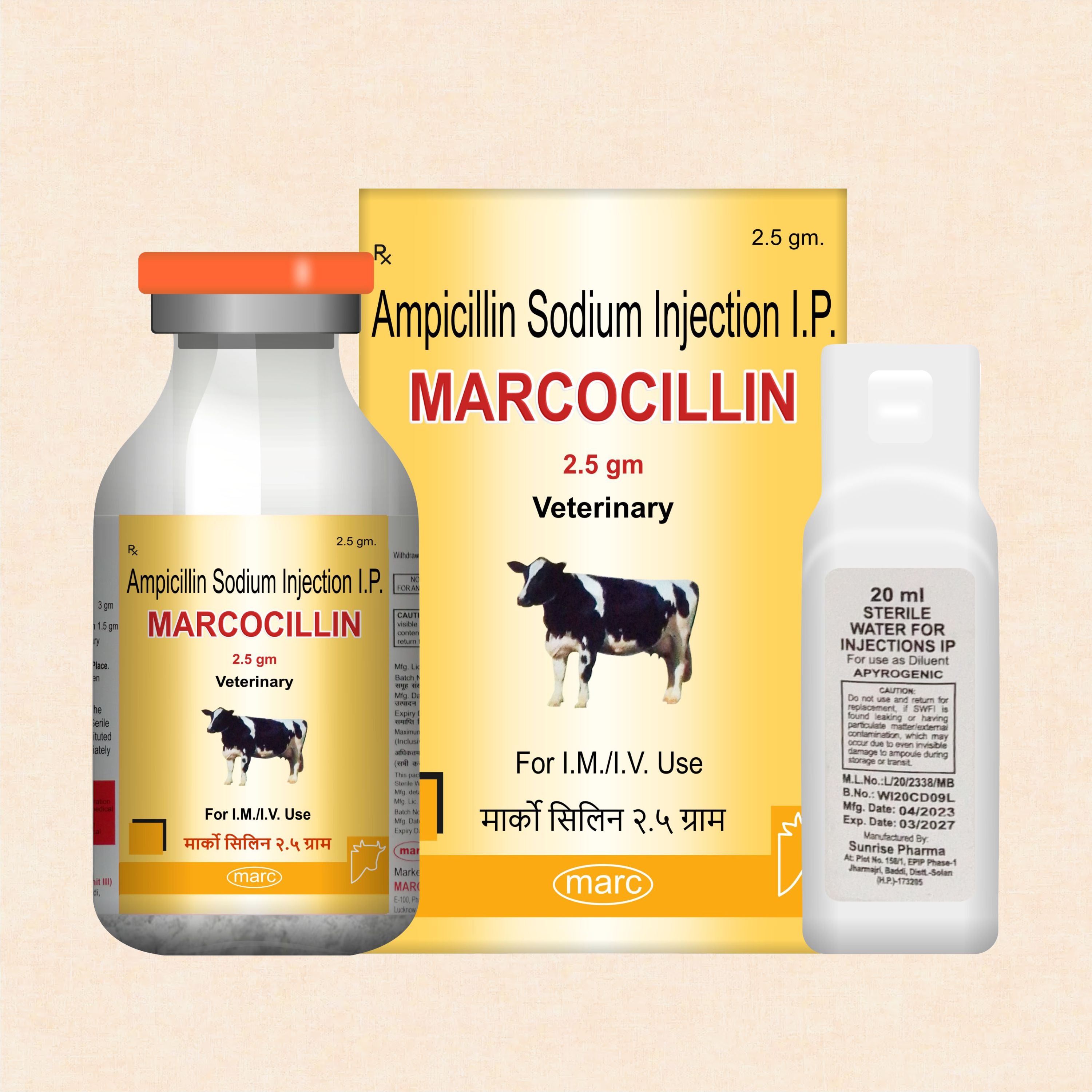 Marcocillin Injection 2.5gm Broad-Spectrum Veterinary Antibiotic with Ampicillin for Livestock & Pets (Pack of 3)