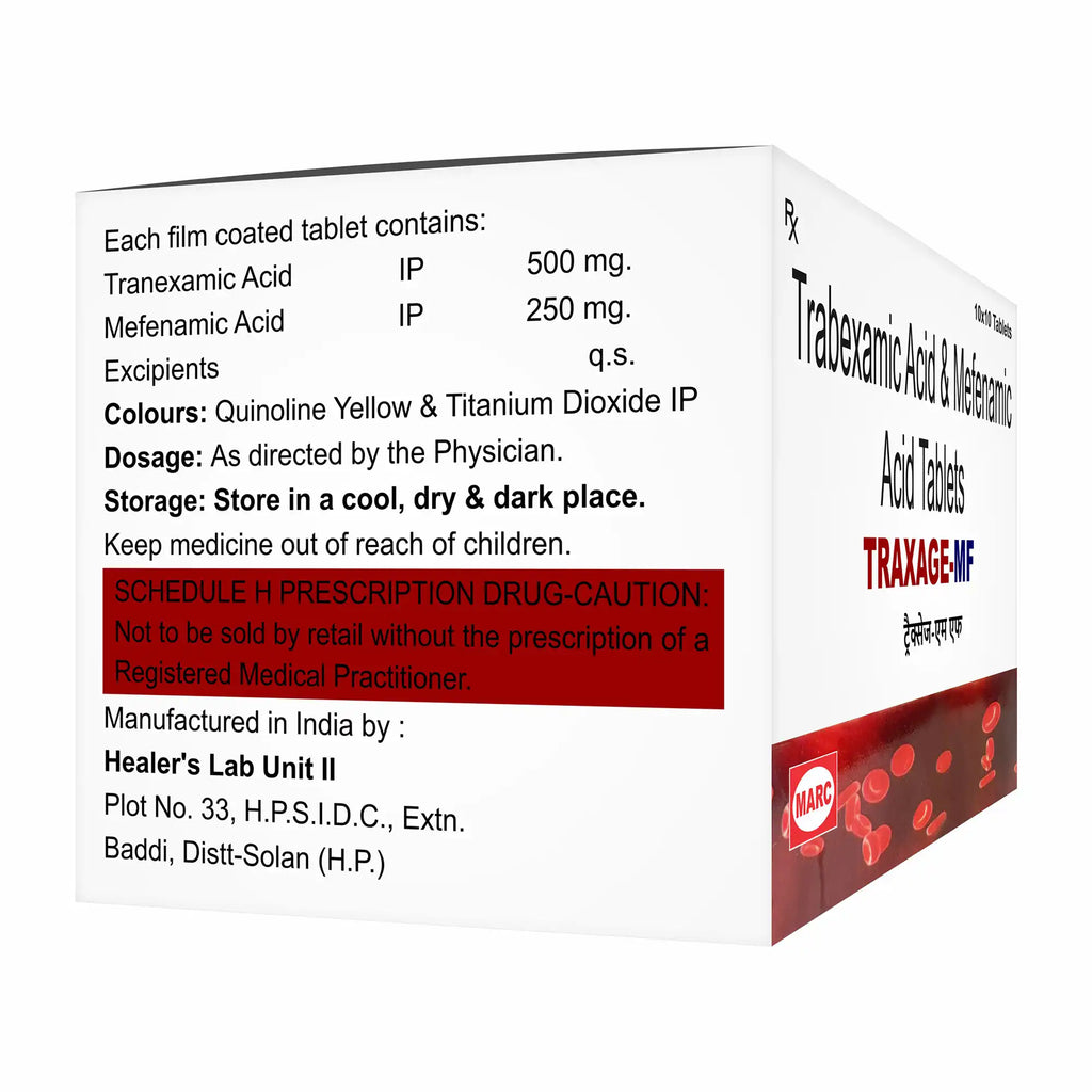 Traxage MF Tranexamic Acid & Mefenamic Acid Tablet –Helps reduce heavy menstrual bleeding and relieves period pain, providing effective relief and improving comfort during menstruation when used as prescribed.