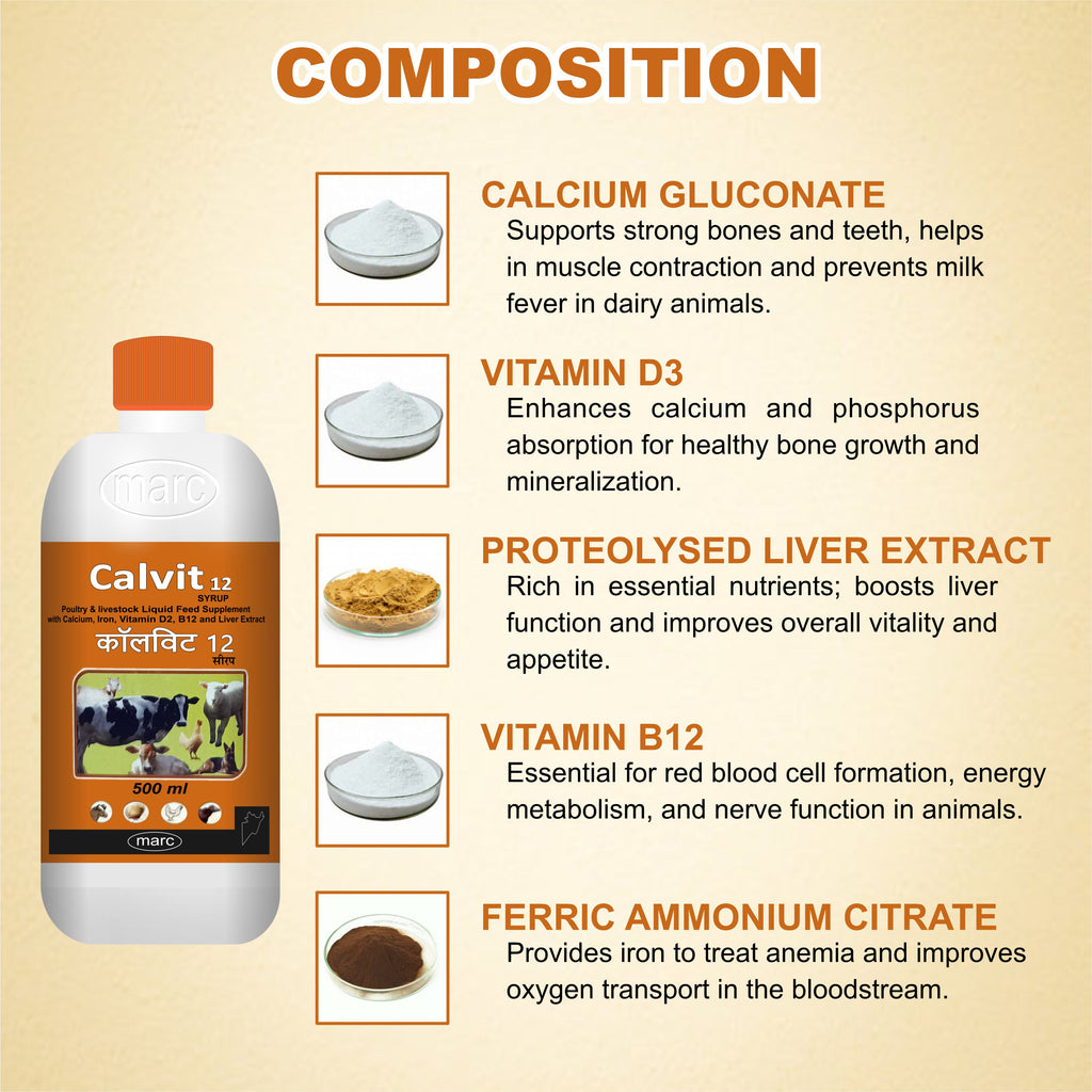 Marc Calvit 12 Syrup 500ml – Calcium, Iron & Vitamin Supplement for Livestock