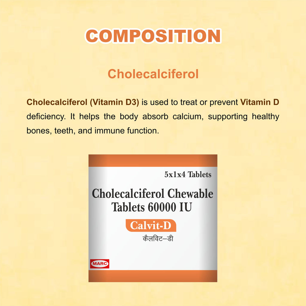 Calvit-D 60000 IU – High-Strength Vitamin D3 Chewable Tablets for Bone & Immunity Support ( Pack of 4)