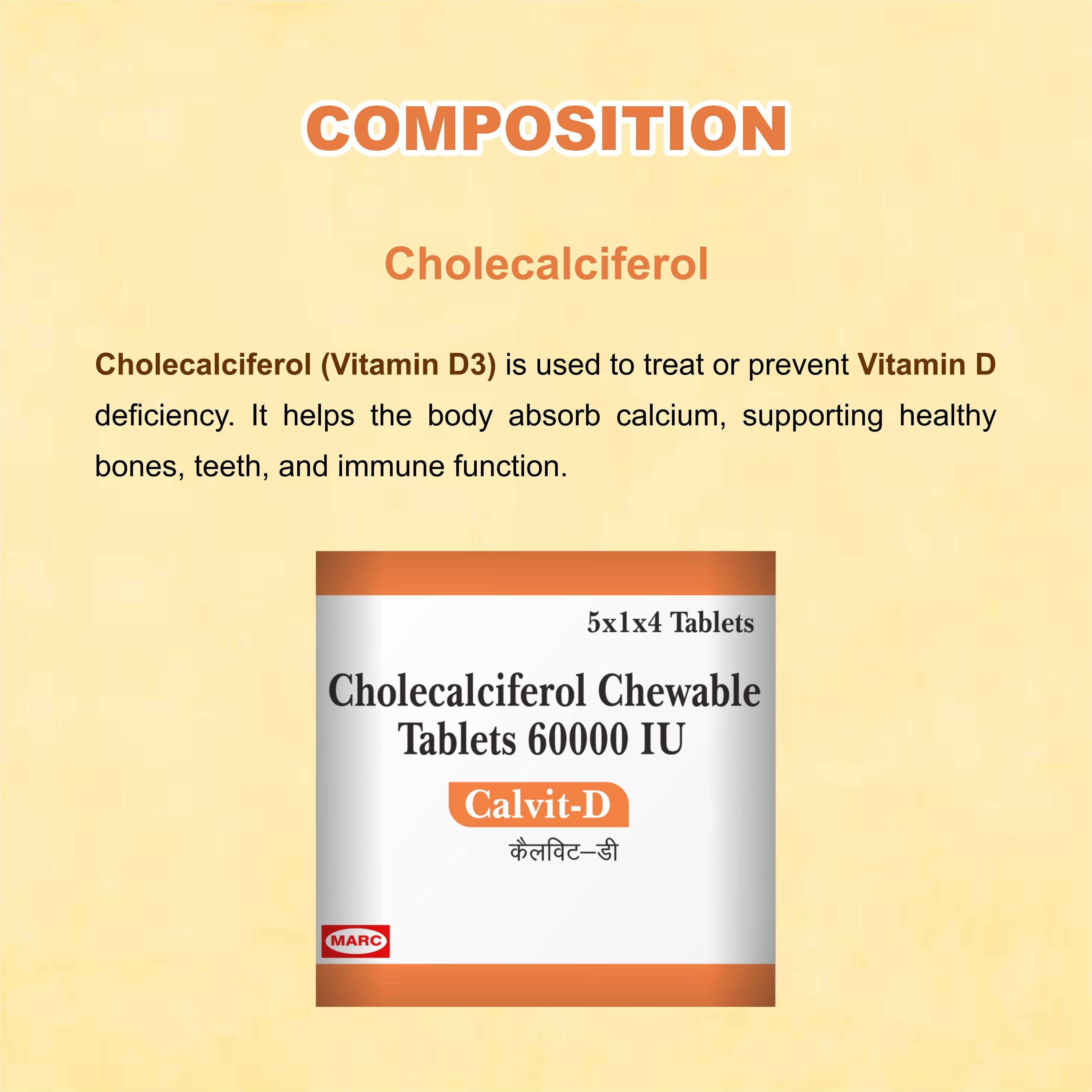 Calvit-D 60000 IU – High-Strength Vitamin D3 Chewable Tablets for Bone & Immunity Support ( Pack of 2 Strip)