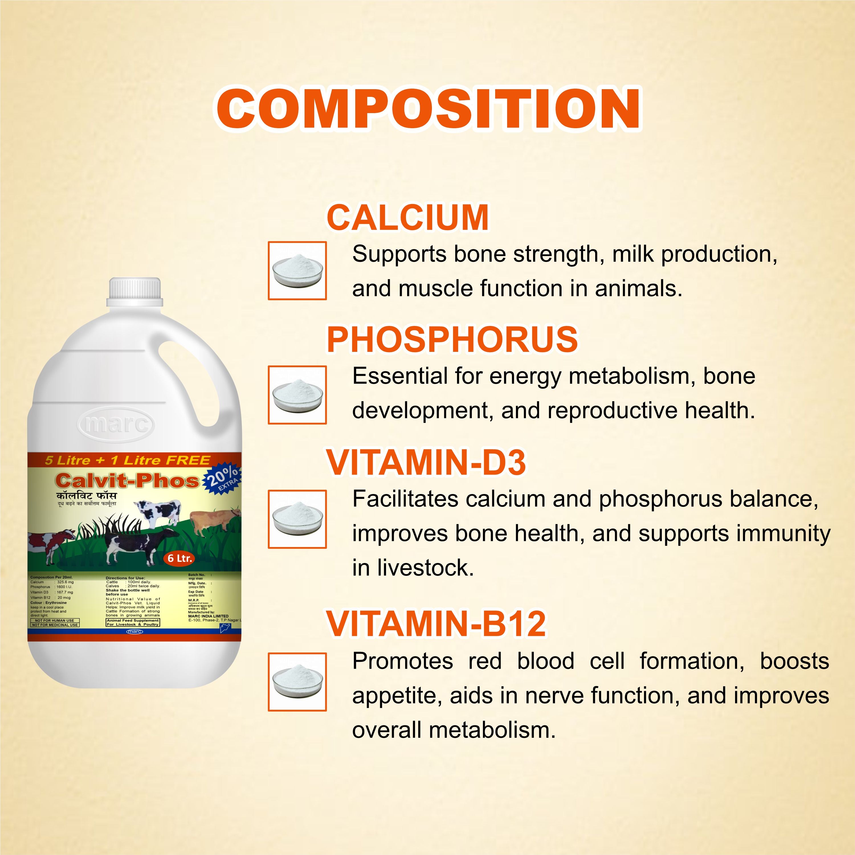 Calvit Phos Syrup 6ltr – Liquid Calcium & Phosphorus with Vitamins D3 & B12 for Livestock