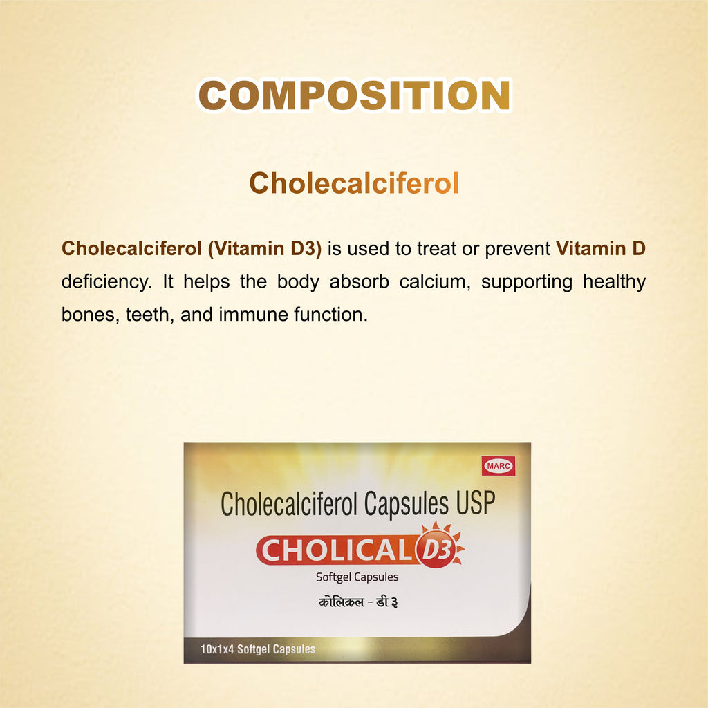 Cholical D3 Softgel Capsules – Your Daily Dose of Sunshine for Stronger Bones & Immunity ( Pack of 2 Strip)