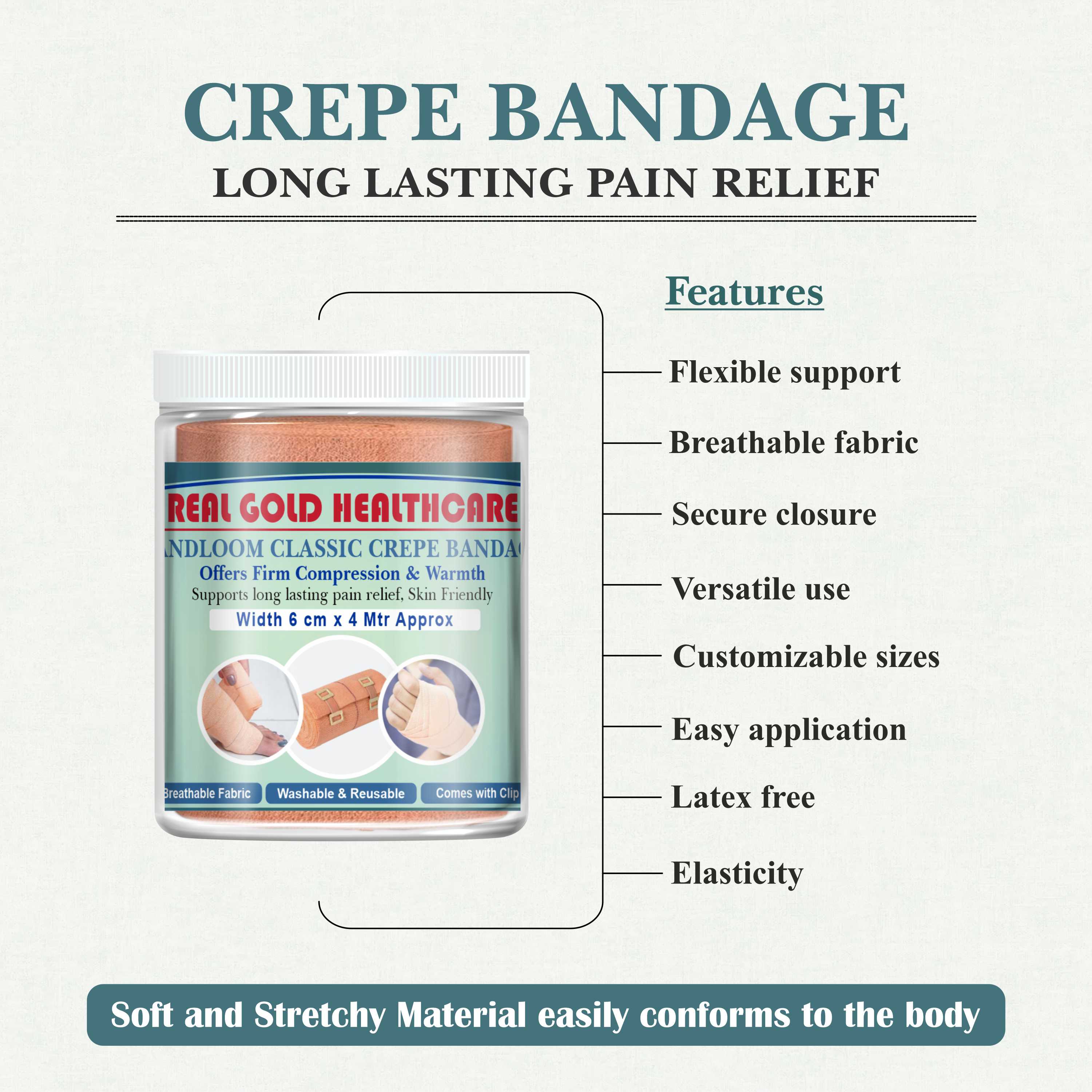 Jar of Real Gold Healthcare crepe bandage with features listed on a white background