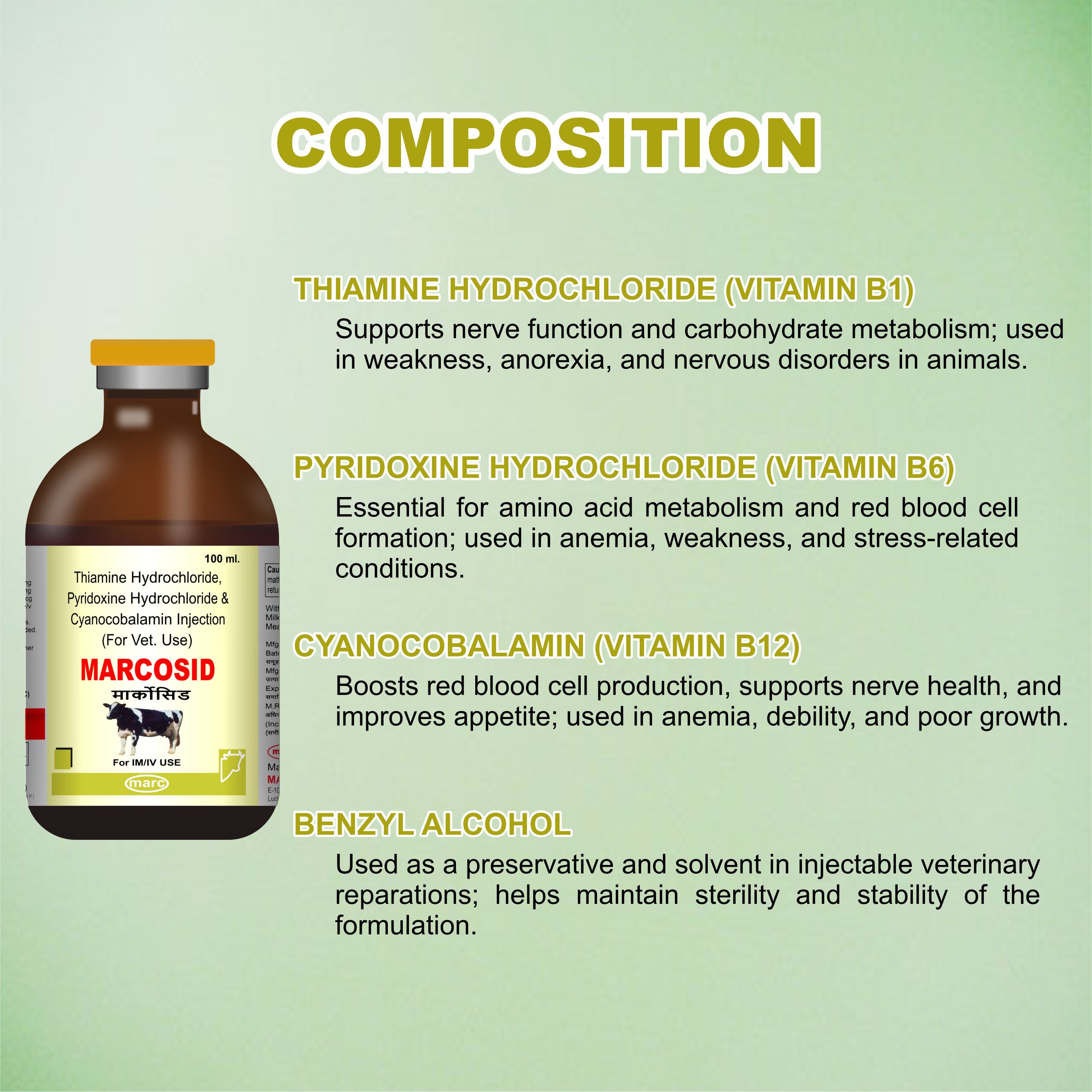 Marcosid Injection 100ml – Powerful B-Complex Support for Energy, Nerve & Muscle Health in Livestock