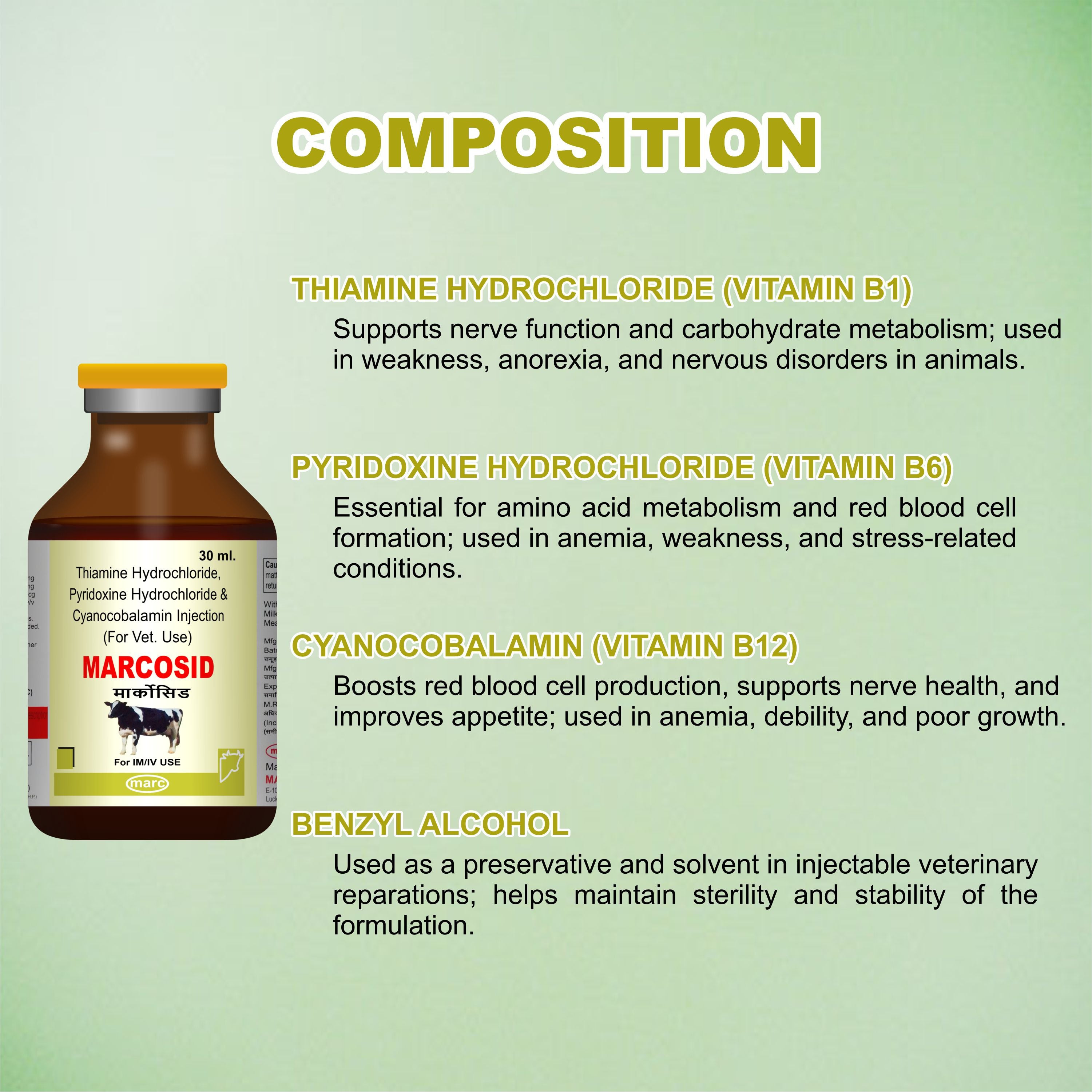 Marcosid Injection 30ml – Powerful B-Complex Support for Energy, Nerve & Muscle Health in Livestock (Pack of 3)
