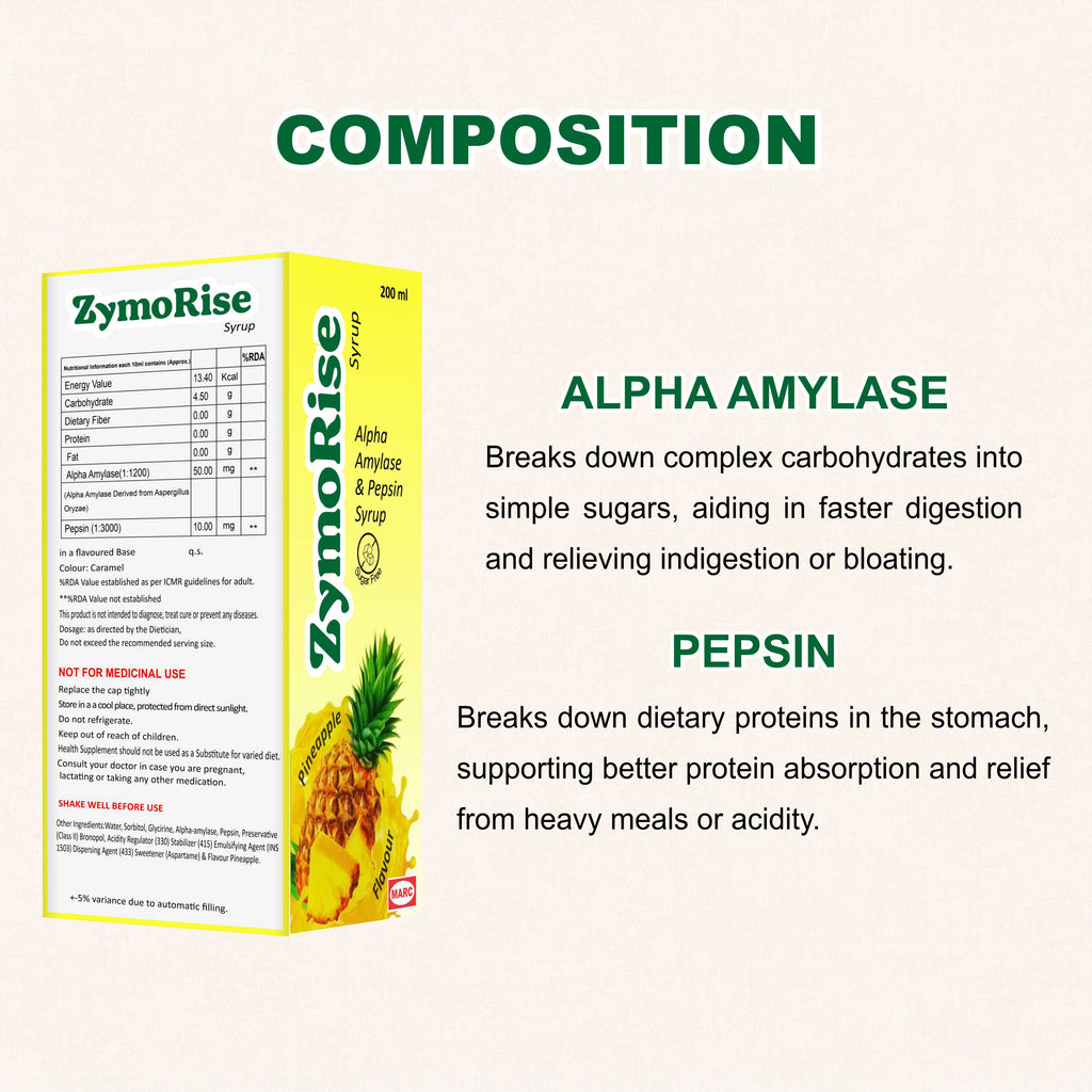 Marc Zymorise Digestive Enzyme Syrup with Alpha Amylase & Pepsin for Indigestion, Bloating & Appetite Support