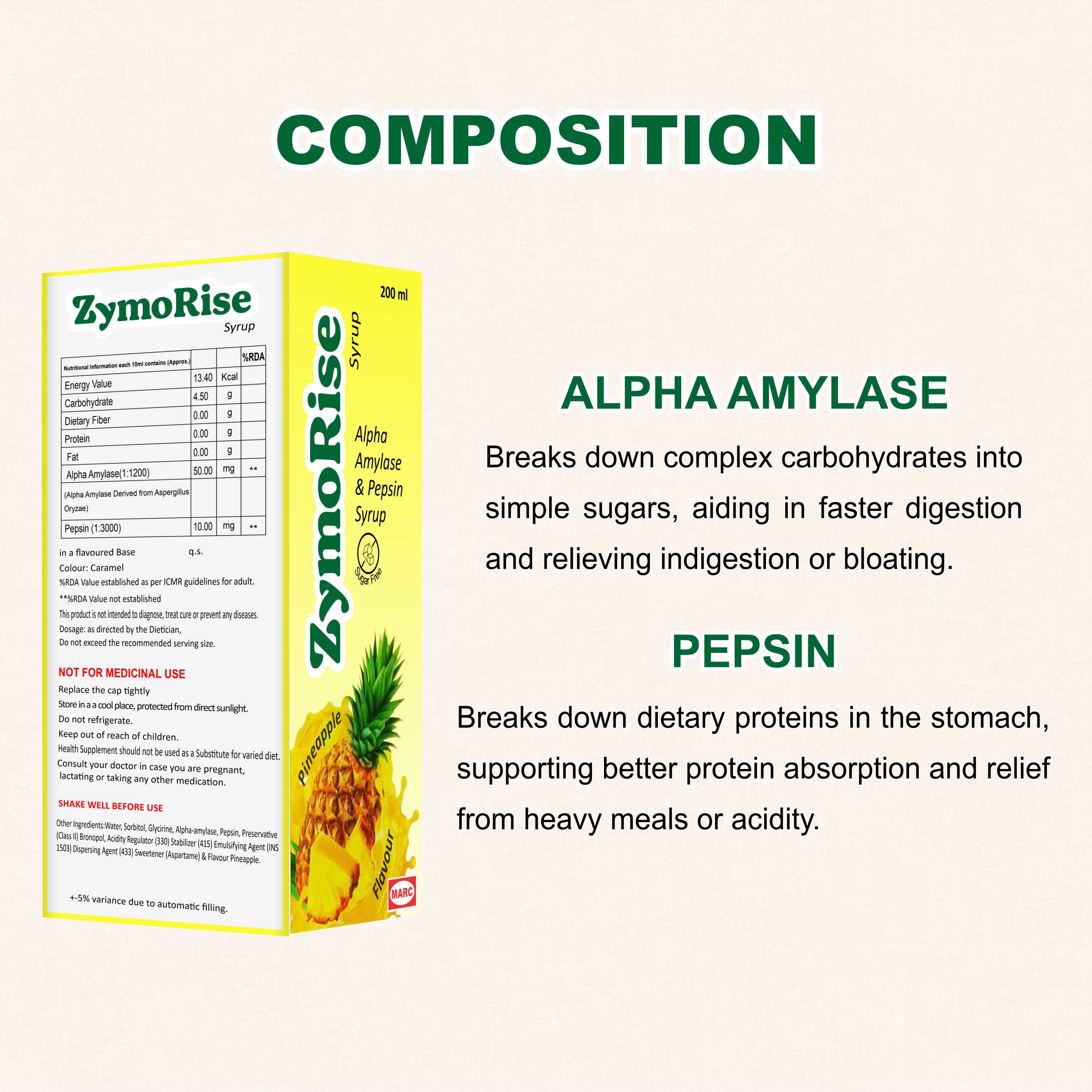 Marc Zymorise Digestive Enzyme Syrup with Alpha Amylase & Pepsin for Indigestion, Bloating & Appetite Support
