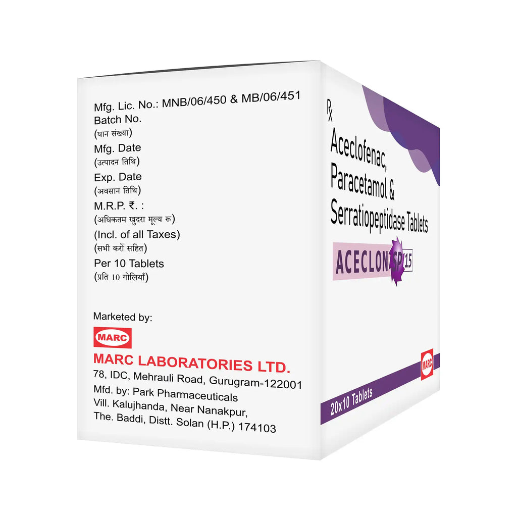 Aceclon SP 15 Aceclofenac, Paracetamol & Serratiopeptidase 15mg Tablet – Enhanced Pain & Swelling Relief