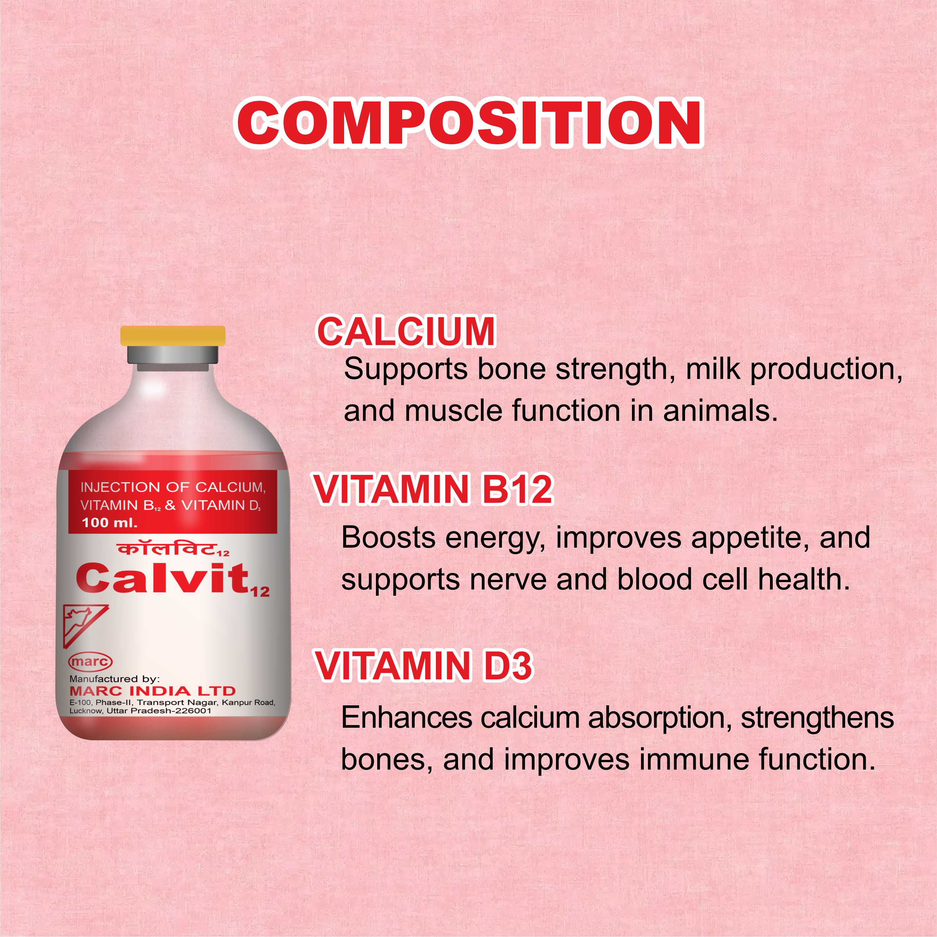 Marc Calvit 12 Injection 100ml – Calcium, Vitamin D3 & B12 Support for Livestock Health