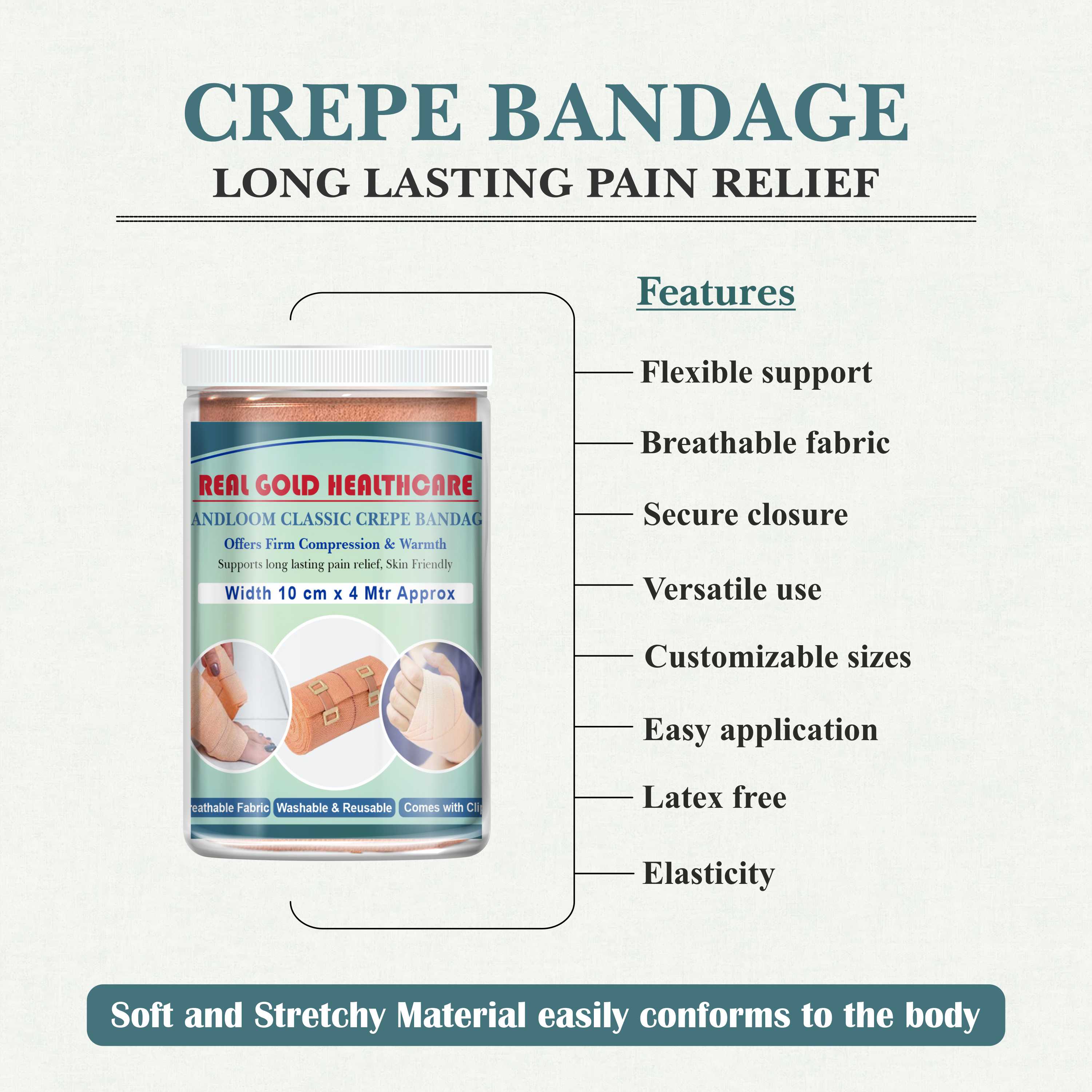 Handloom Classic Crepe Bandage – Wide Compression Bandage for Knee & Thigh Support