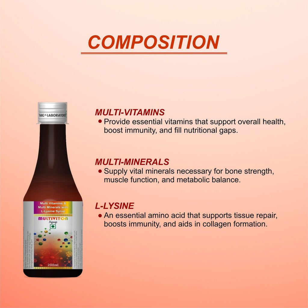 Multiviton Syrup – Daily Multivitamins & Minerals with L-Lysine for Growth, Immunity & Energy