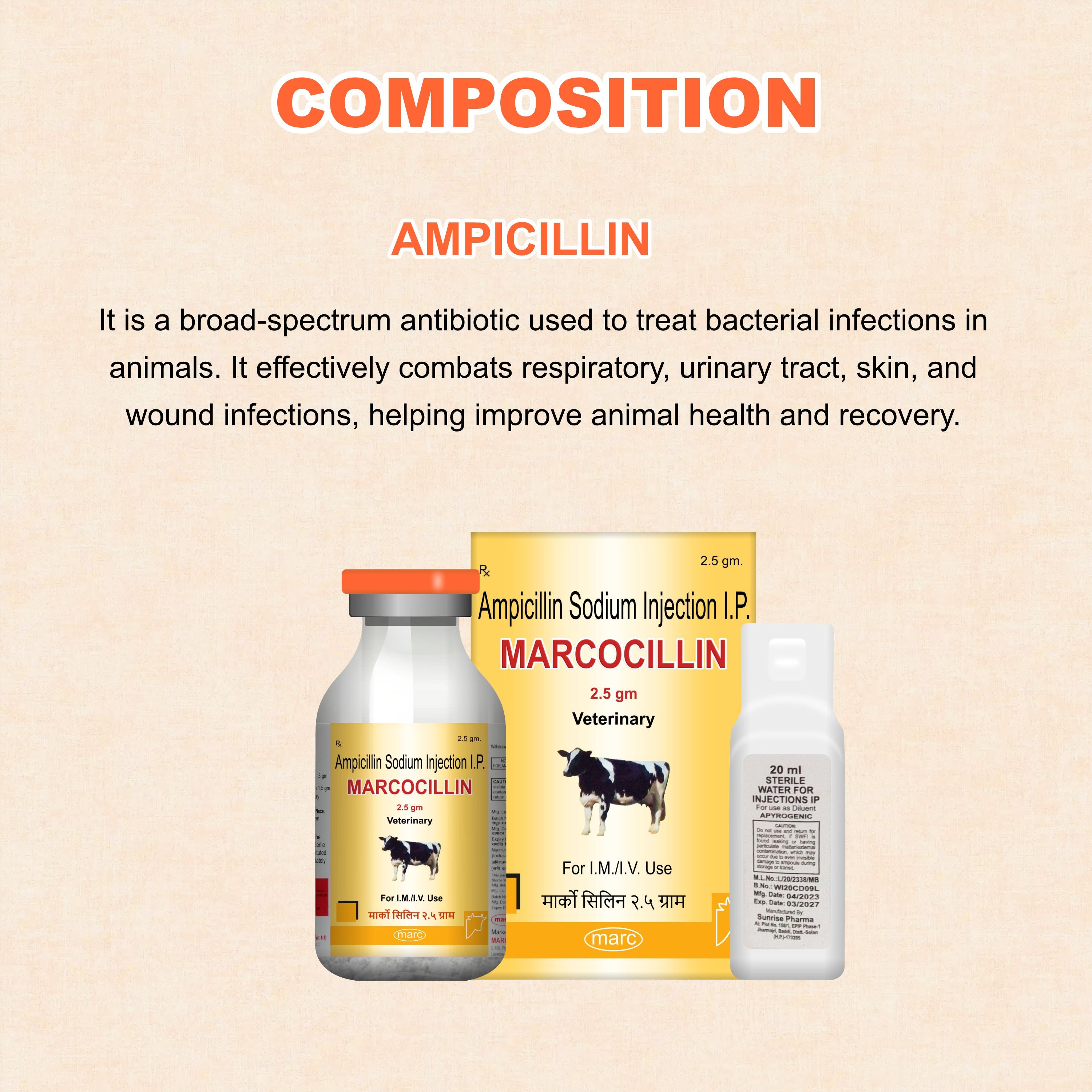 Marcocillin Injection 2.5gm Broad-Spectrum Veterinary Antibiotic with Ampicillin for Livestock & Pets (Pack of 3)