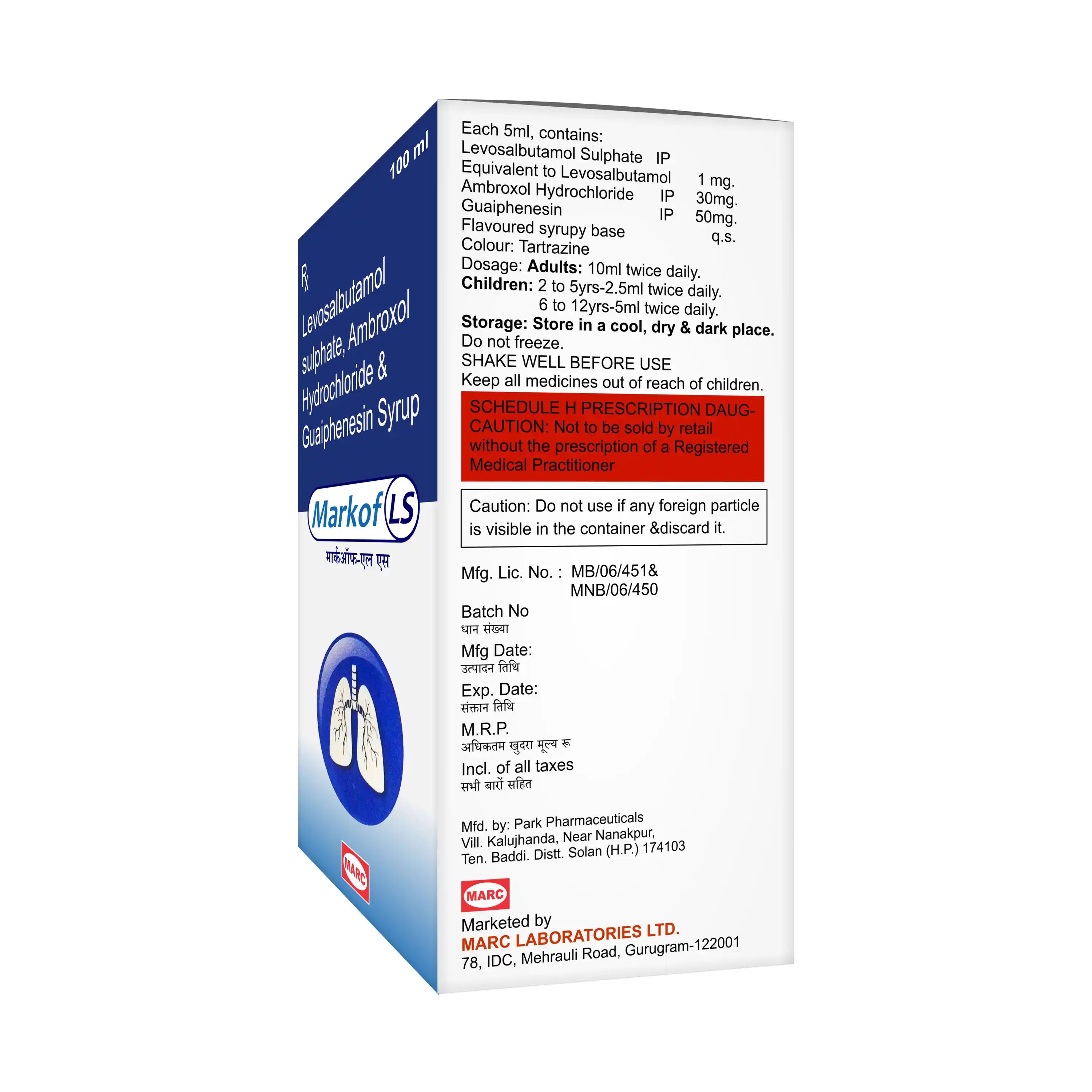 Markof LS Ambroxol, Levosalbutamol & Guaifenesin Syrup – Wet Cough & Chest Congestion Relief