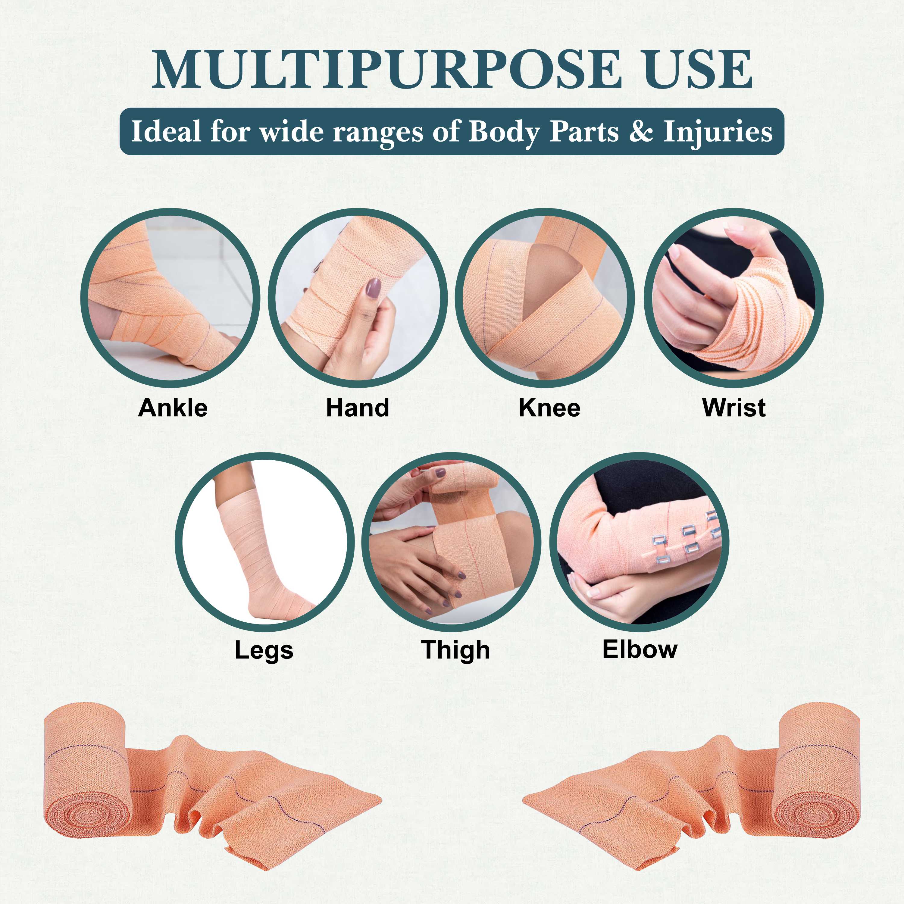 Bandage roll with multipurpose use for various body parts on a white background