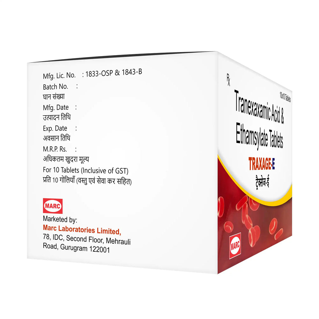 Traxage-E-Tranexamic Acid & Ethamsylate Tablet: Helps Manage Heavy Menstrual Bleeding, Excessive Blood Loss, post-operative surgical bleeding, and to manage abnormal bleeding conditions such as dysfunctional uterine bleeding
