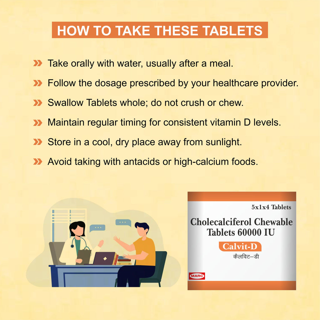 Calvit-D 60000 IU – High-Strength Vitamin D3 Chewable Tablets for Bone & Immunity Support ( Pack of 4)