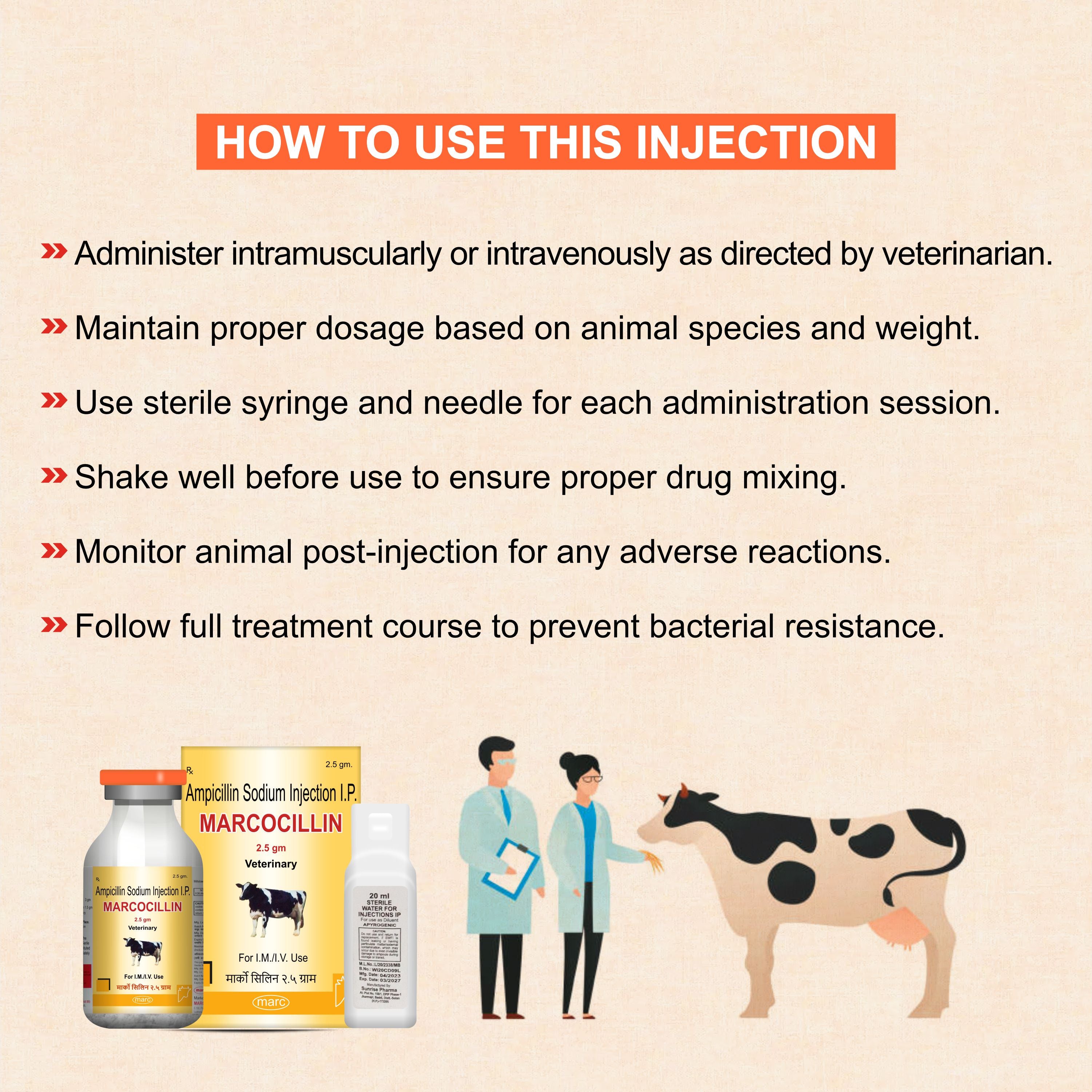 Marcocillin Injection 2.5gm Broad-Spectrum Veterinary Antibiotic with Ampicillin for Livestock & Pets (Pack of 3)