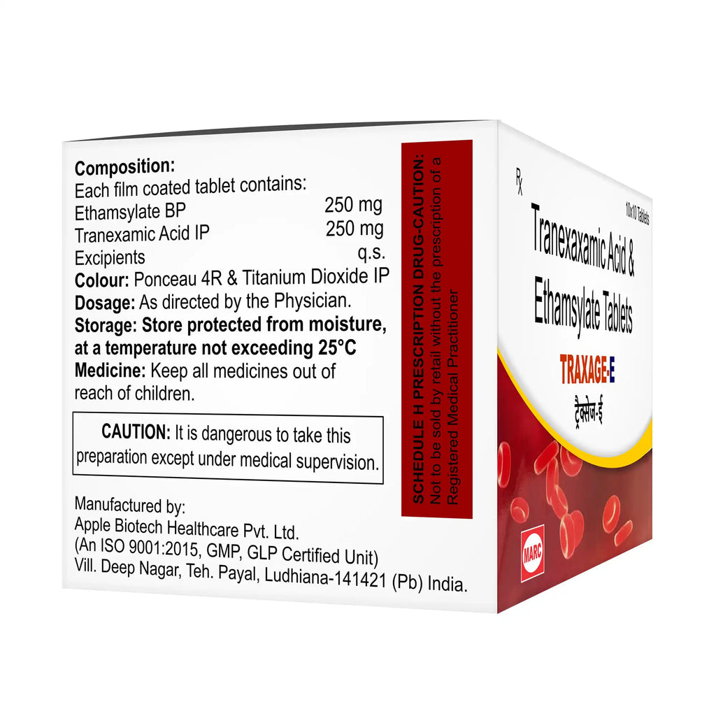 Traxage-E-Tranexamic Acid & Ethamsylate Tablet: Helps Manage Heavy Menstrual Bleeding, Excessive Blood Loss, post-operative surgical bleeding, and to manage abnormal bleeding conditions such as dysfunctional uterine bleeding