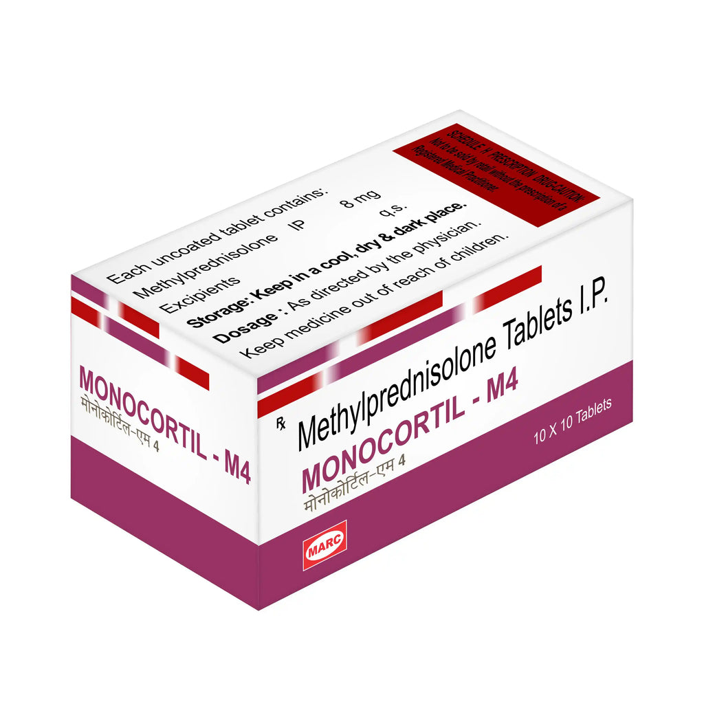 Monocortil M4-Methylprednisolone 4mg Tablet: Helps reduce inflammation, swelling, and allergic reactions. Used to manage autoimmune disorders, arthritis, asthma, skin conditions, and other inflammatory diseases
