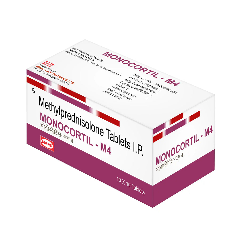 Monocortil M4-Methylprednisolone 4mg Tablet: Helps reduce inflammation, swelling, and allergic reactions. Used to manage autoimmune disorders, arthritis, asthma, skin conditions, and other inflammatory diseases