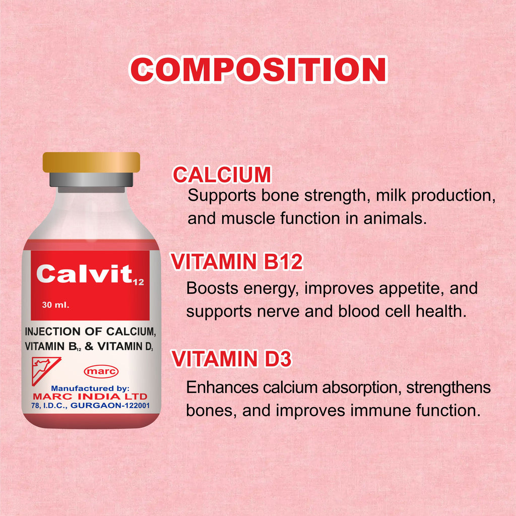 Marc Calvit 12 Injection 30ml – Calcium, Vitamin D3 & B12 Support for Livestock Health (Pack of 3)