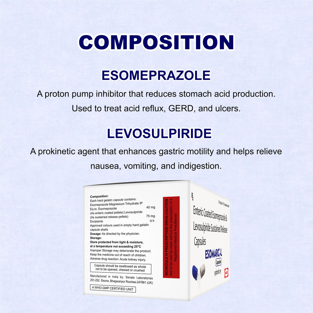 Esomarc-L Esomeprazole & Levosulpiride Capsule – Acidity, Nausea & Slow Digestion Relief