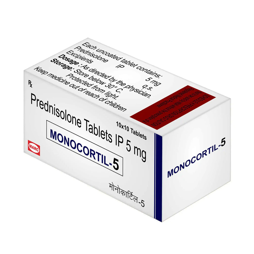 Monocortil-Prednisolone 5mg Tablet: Helps Reduce swelling, Inflammation, Allergic Reactions, autoimmune diseases, asthma flare-ups, inflammatory bowel diseases, and various skin conditions