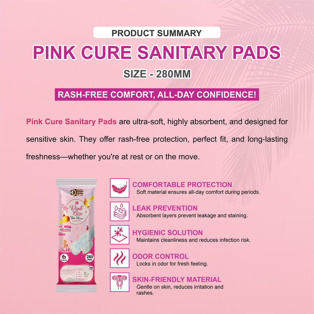 Pink Cure Sanitary Pads 280mm – Extra Length Pads for Heavy Flow & Overnight Protection