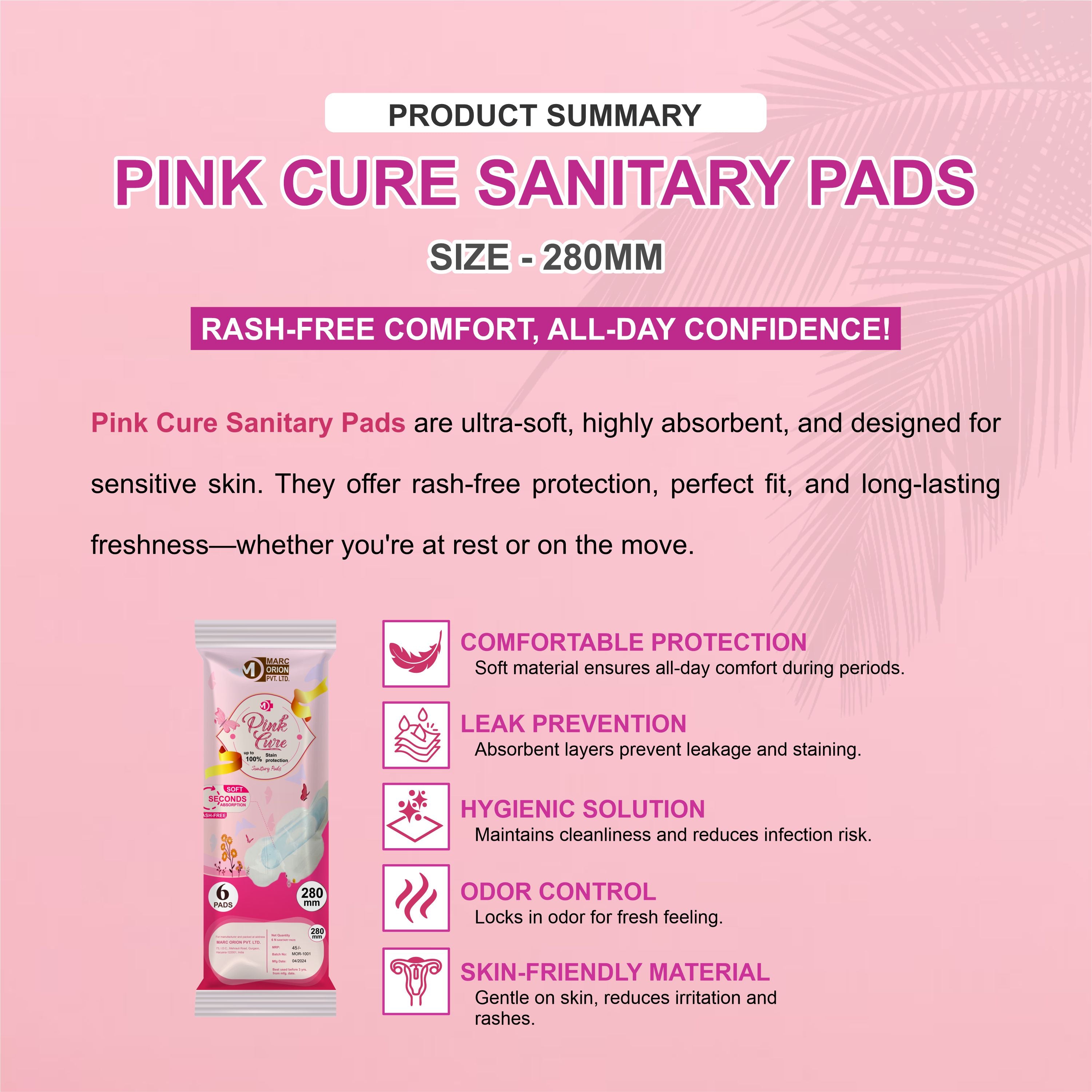 Pink Cure Sanitary Pads 280mm – Extra Length Pads for Heavy Flow & Overnight Protection