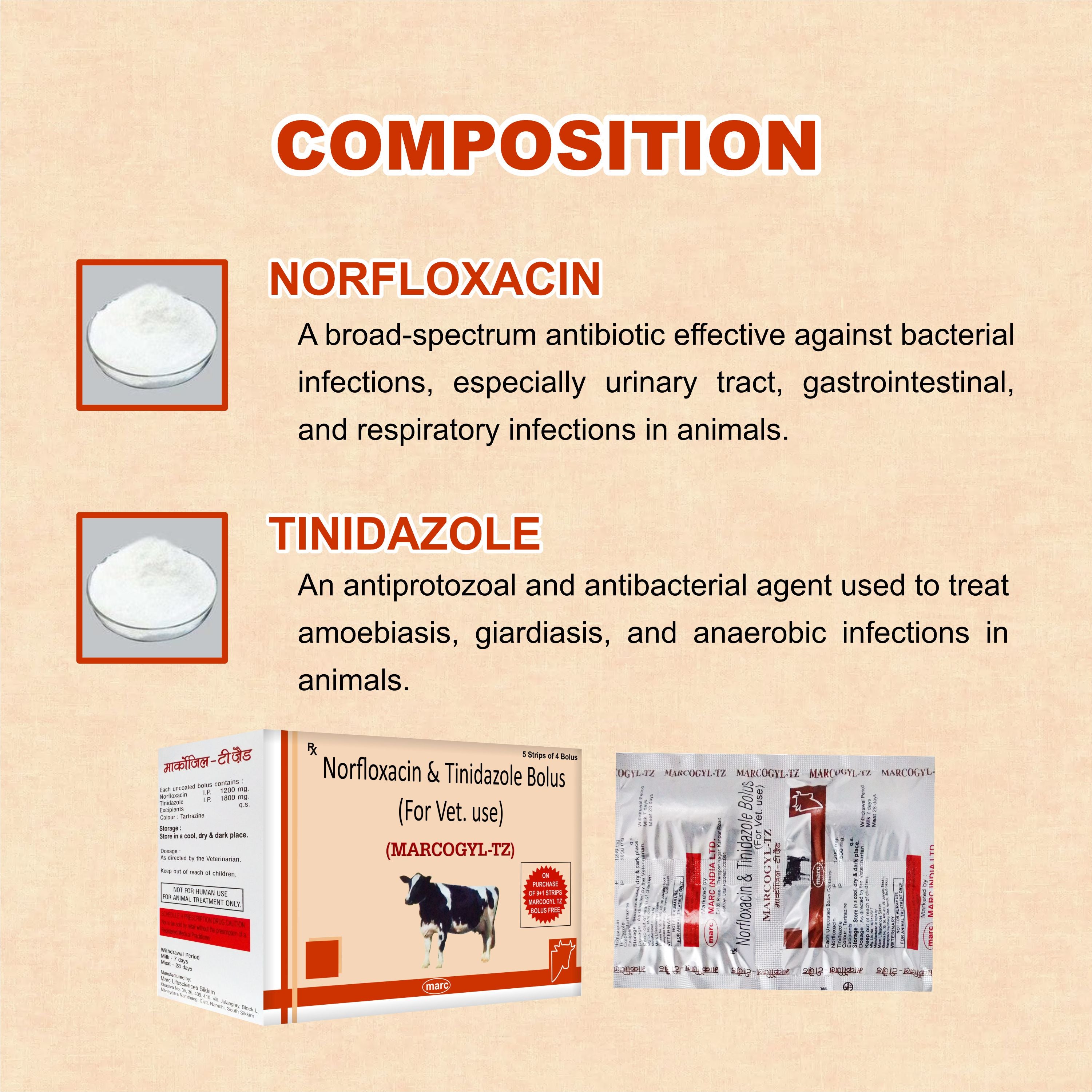Marcogyl TZ Bolus – Norfloxacin + Tinidazole Veterinary Bolus