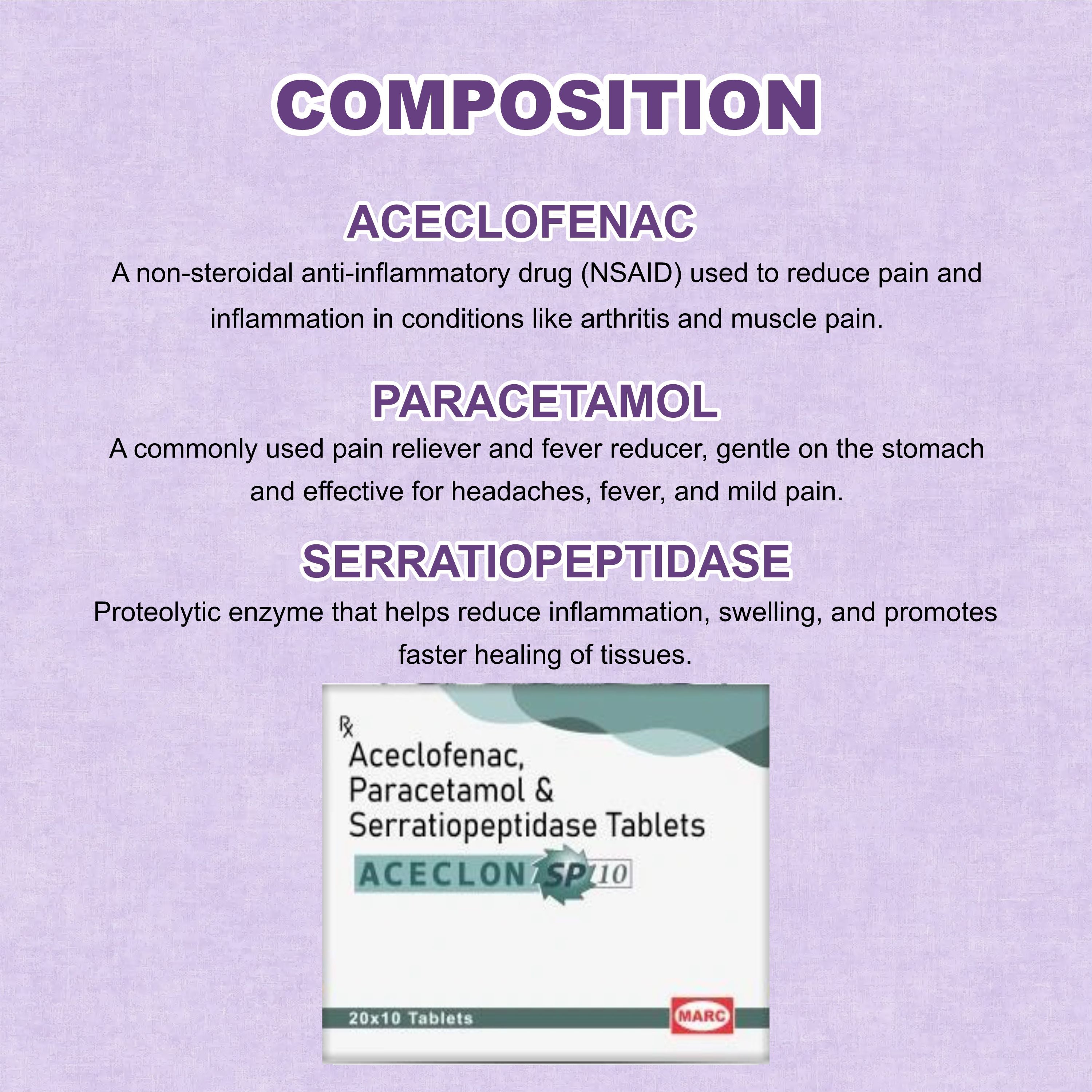 Marc Aceclon SP 10 Tablets – Triple Action Relief for Pain, Swelling & Inflammation