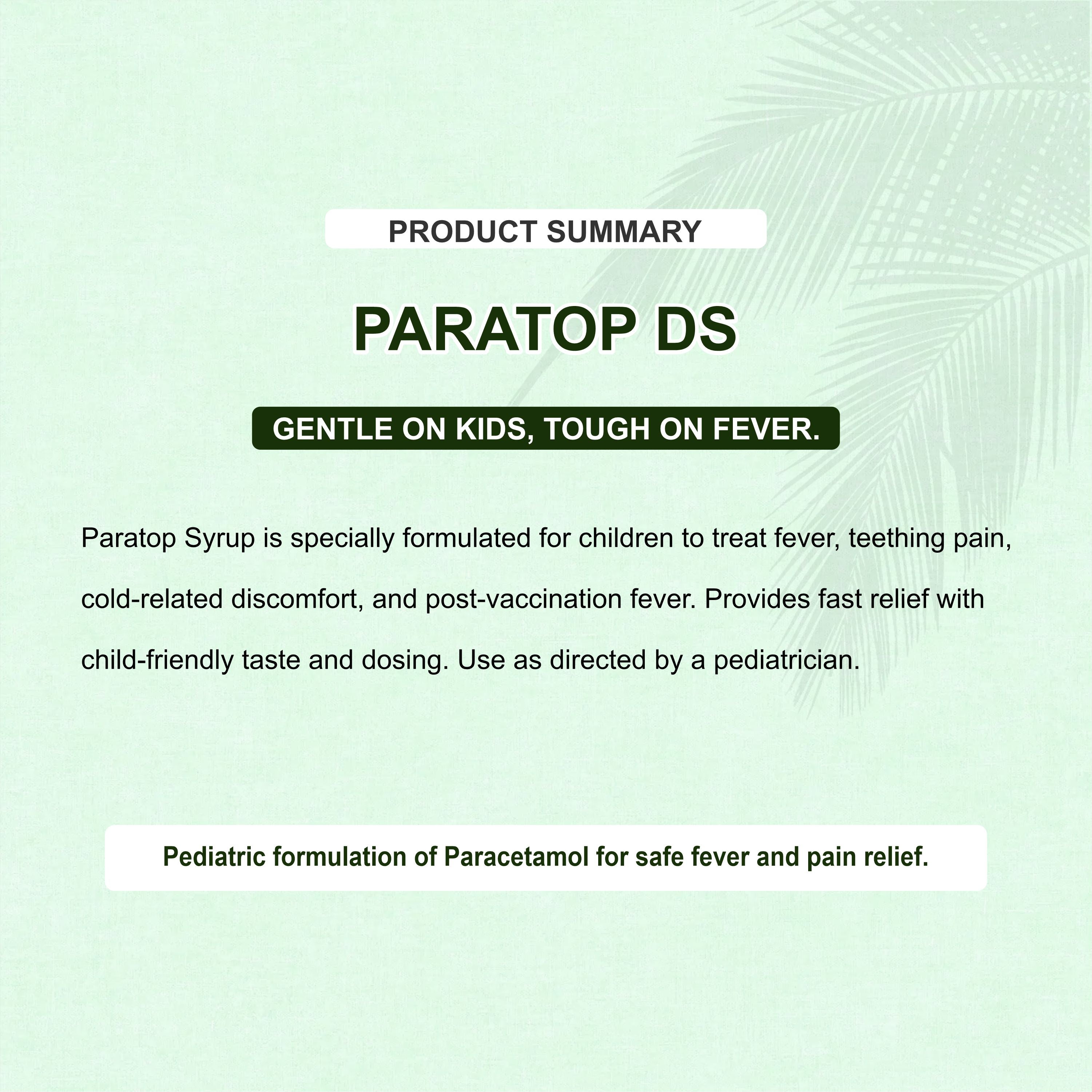 Paratop DS Suspension 250mg/5ml – Gentle & Effective Fever & Pain Relief for Children (Pack of 5)