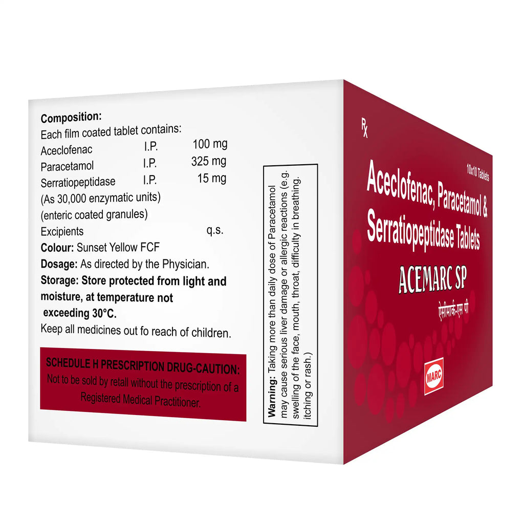 Acemarc SP Aceclofenac, Paracetamol & Serratiopeptidase Tablet – Pain, Fever & Swelling Relief