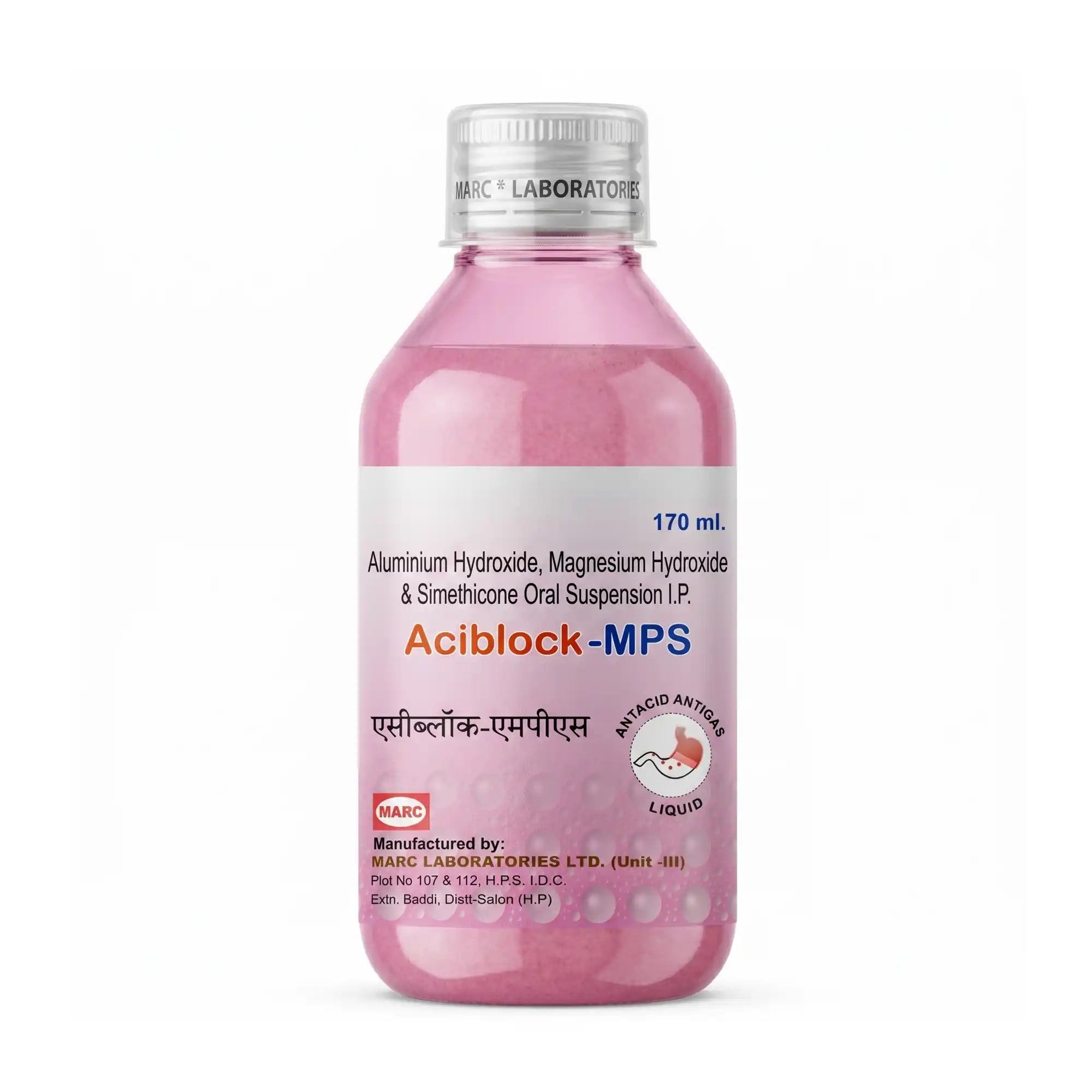 Aciblock MPS Syrup – An antacid and antiflatulent syrup containing Aluminium Hydroxide, Magnesium Hydroxide, and Simethicone, formulated to provide relief from acidity, heartburn, indigestion, bloating, and excess gas discomfort.