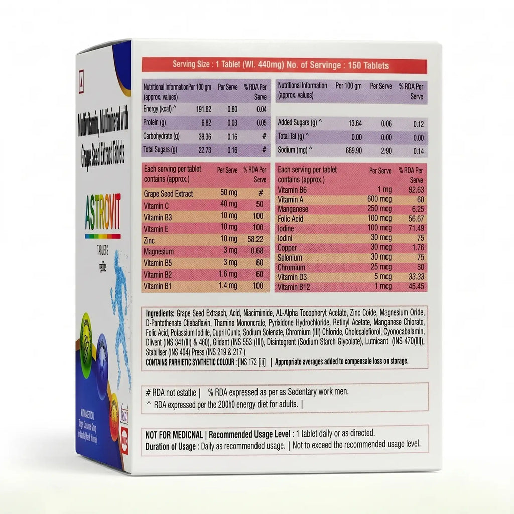 Astrovit Tablet-An advanced daily nutritional supplement enriched with essential vitamins, minerals, and grape seed extract to support immunity, energy, antioxidant protection, overall wellness, and healthy aging.