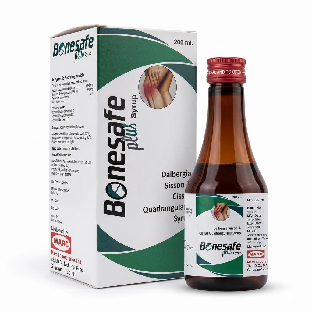 Bonesafe syrup-A herbal Ayurvedic syrup formulated to support bone strength, joint health, fracture recovery, connective tissue health, mobility, flexibility, and overall musculoskeletal wellness naturally.