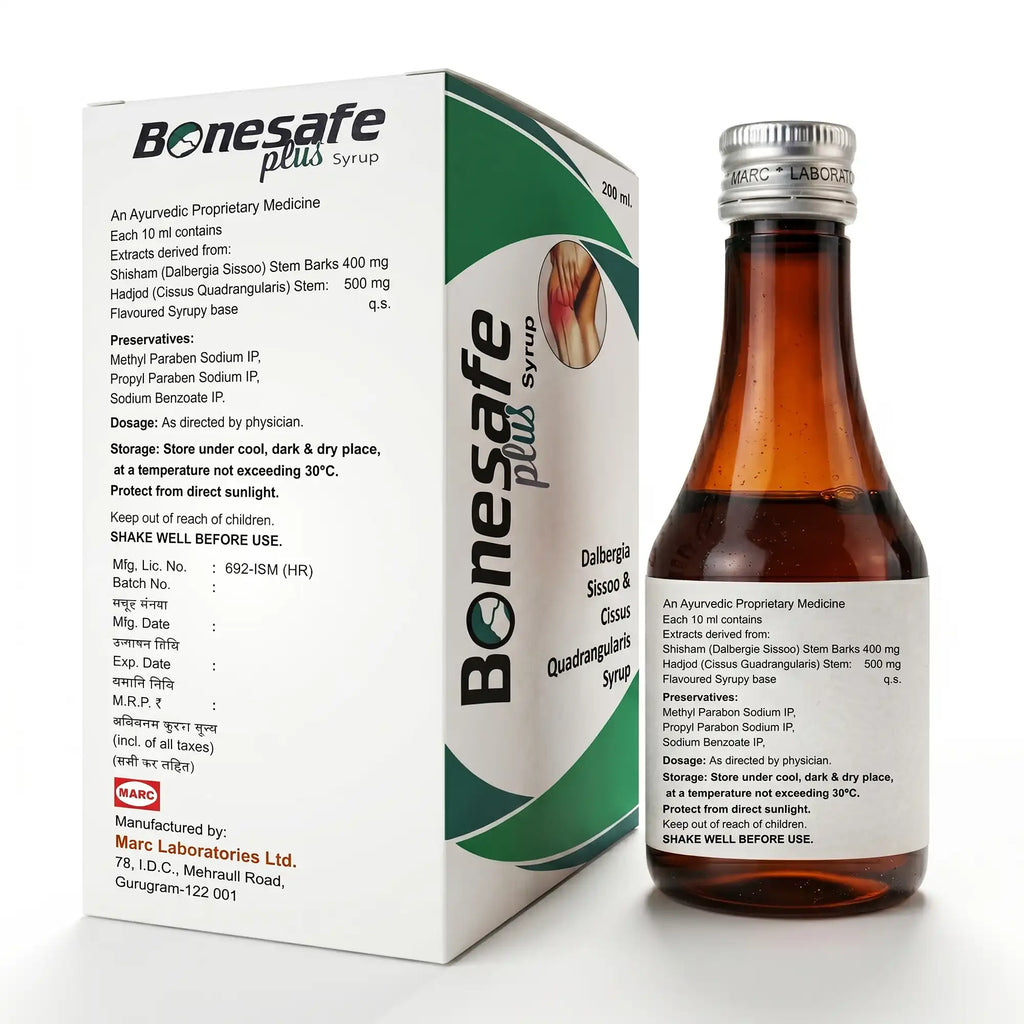 Bonesafe syrup-A herbal Ayurvedic syrup formulated to support bone strength, joint health, fracture recovery, connective tissue health, mobility, flexibility, and overall musculoskeletal wellness naturally.