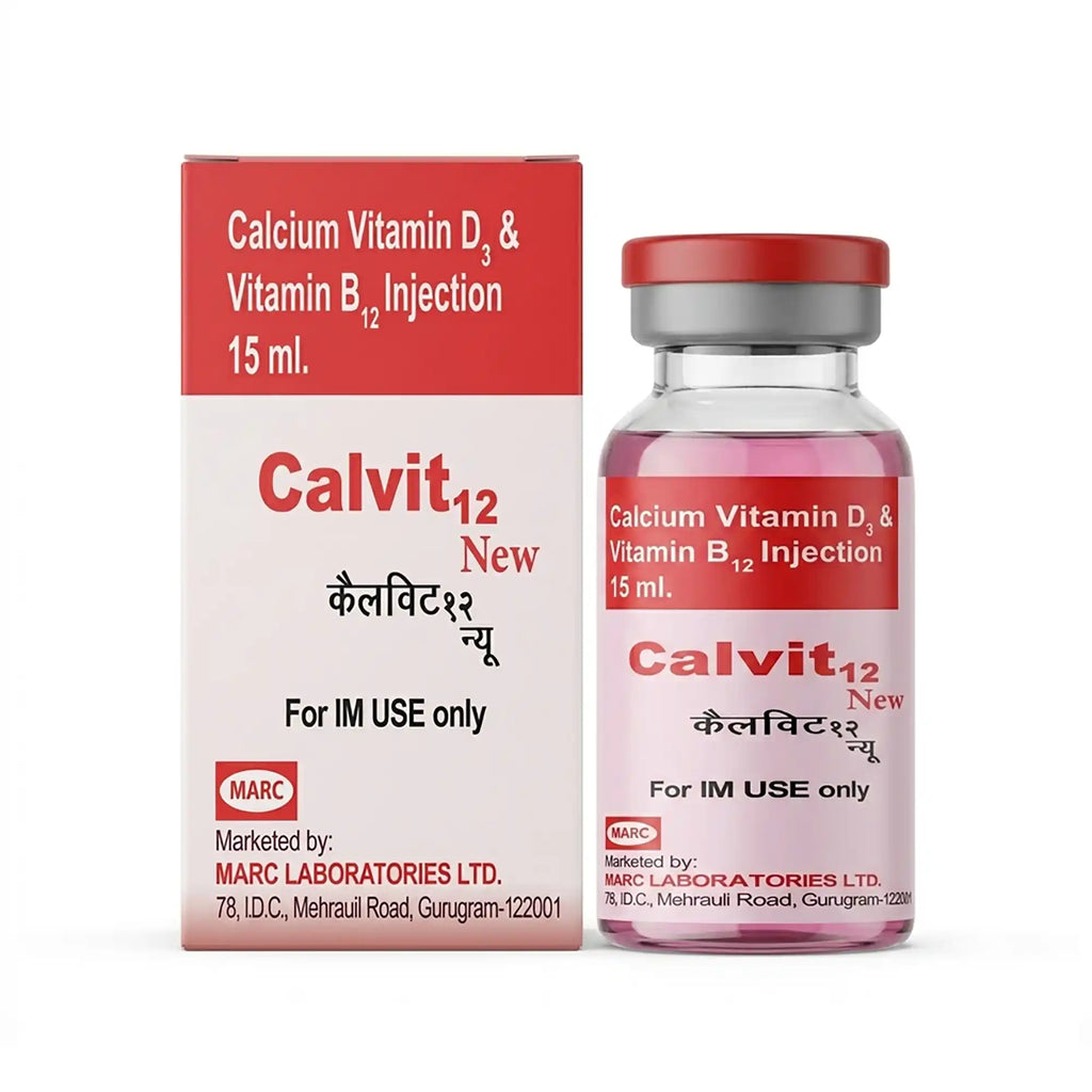 Calvit 12 Injection –  A sterile injectable formulation containing Calcium Gluconate, Cholecalciferol (Vitamin D3), Vitamin B12, and Benzyl Alcohol, designed to support bone health, calcium metabolism, nerve function, and overall nutritional wellness.
