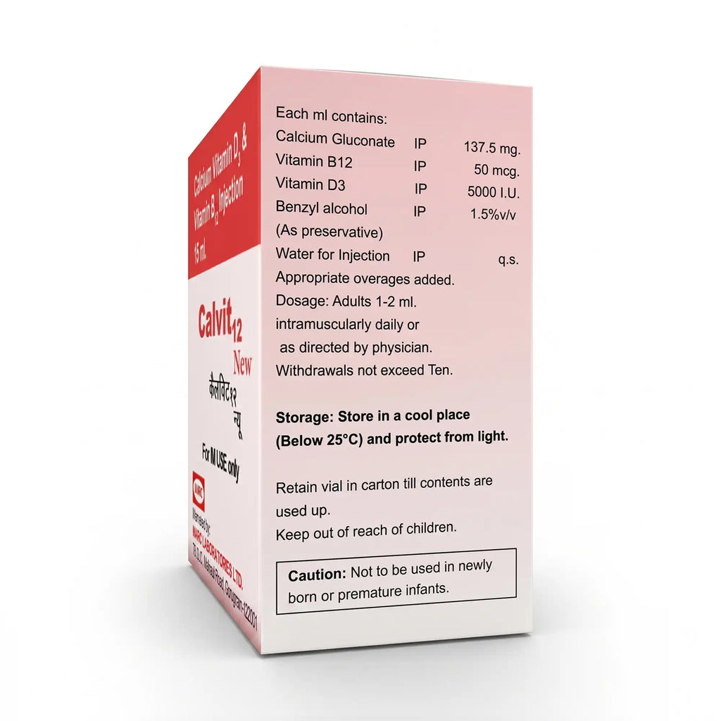 Calvit 12 Injection –  A sterile injectable formulation containing Calcium Gluconate, Cholecalciferol (Vitamin D3), Vitamin B12, and Benzyl Alcohol, designed to support bone health, calcium metabolism, nerve function, and overall nutritional wellness.