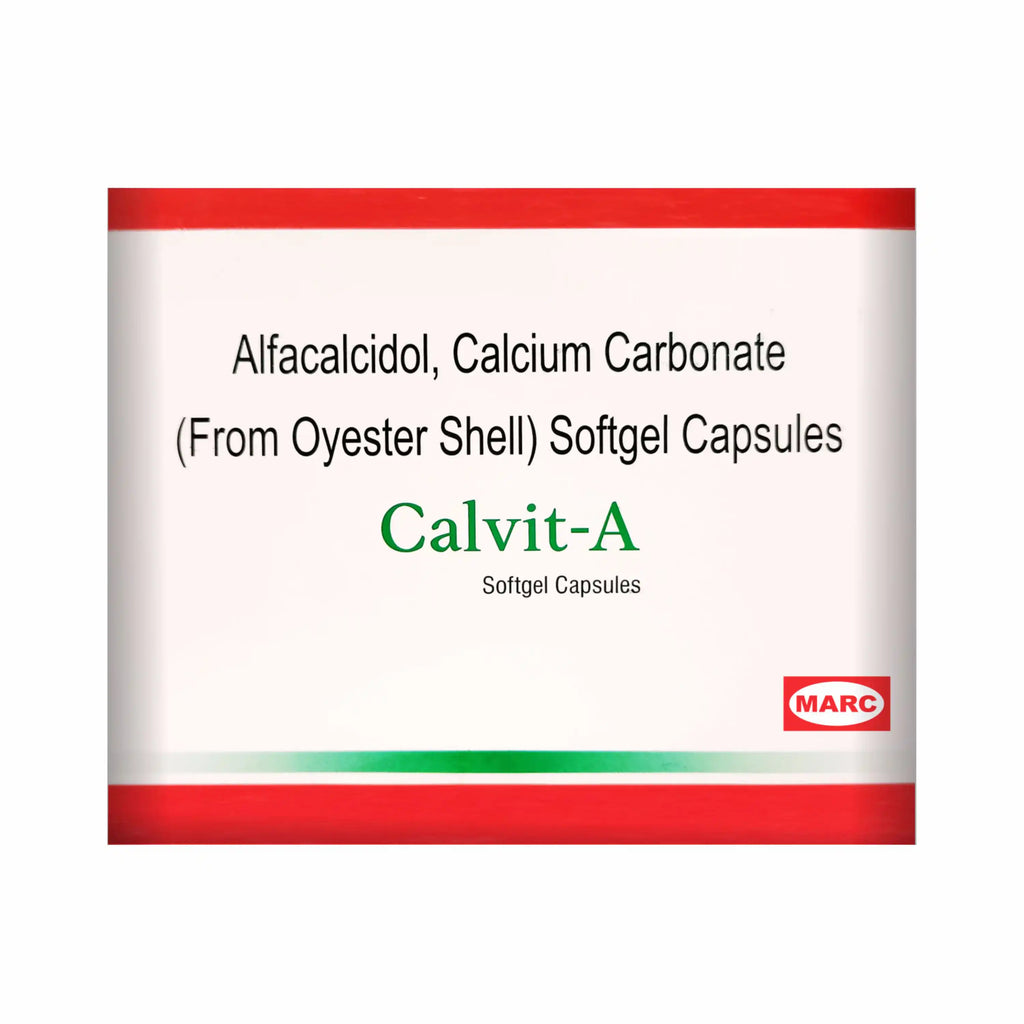 Calvit A Softgel Capsules – A nutritional supplement containing Alfacalcidol and Oyster Shell Calcium Carbonate, formulated to support calcium absorption, bone health, strong teeth, healthy muscle function, and overall skeletal wellness.