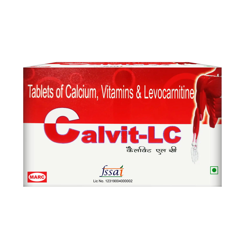 Calvit LC Tablet – A nutritional supplement containing Calcium Carbonate, Levocarnitine, Vitamin E, and Vitamin D3, formulated to support bone health, calcium absorption, energy metabolism, muscle function, and overall wellness.