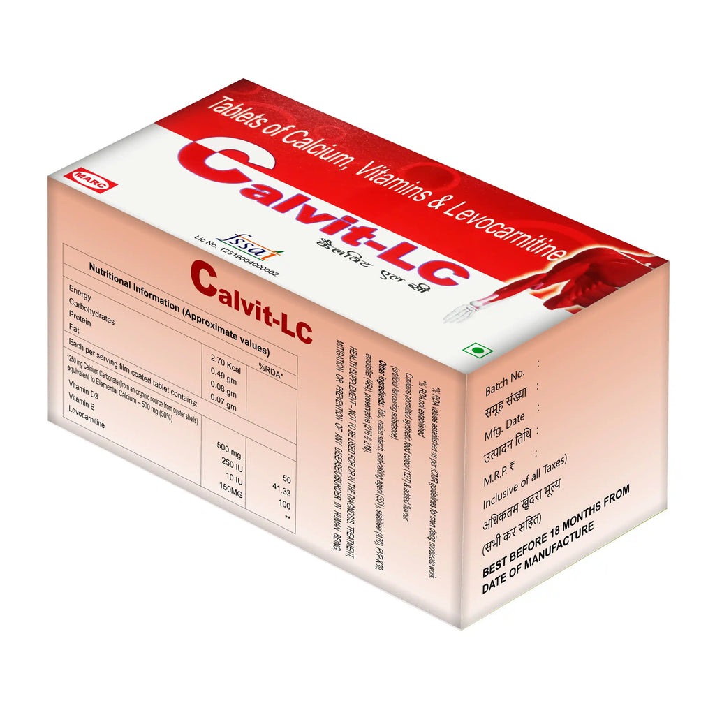Calvit LC Tablet – A nutritional supplement containing Calcium Carbonate, Levocarnitine, Vitamin E, and Vitamin D3, formulated to support bone health, calcium absorption, energy metabolism, muscle function, and overall wellness.