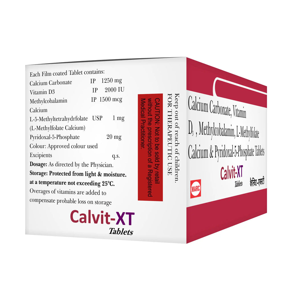 Calvit XT Tablet – A nutritional supplement containing Calcium Carbonate, Vitamin B3 (Niacin), Methylcobalamin, L-Methylfolate, Pyridoxal-5-Phosphate, and Calcium to support bone health, nerve function, red blood cell formation, and overall wellness.