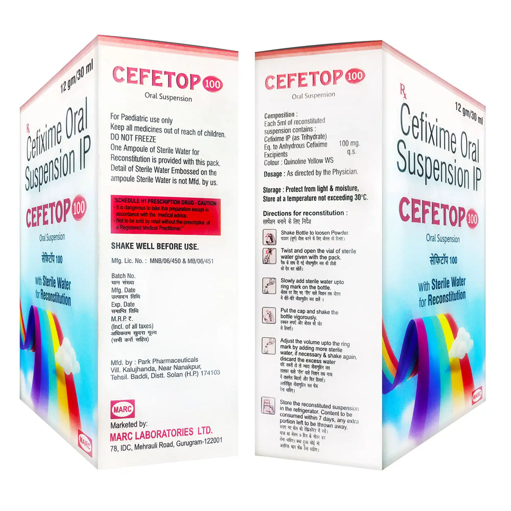 Ceftop 100-Cefixime Oral Suspension: An antibiotic medicine that helps treat bacterial infections of the respiratory tract, ear, throat, lungs and urinary tract,