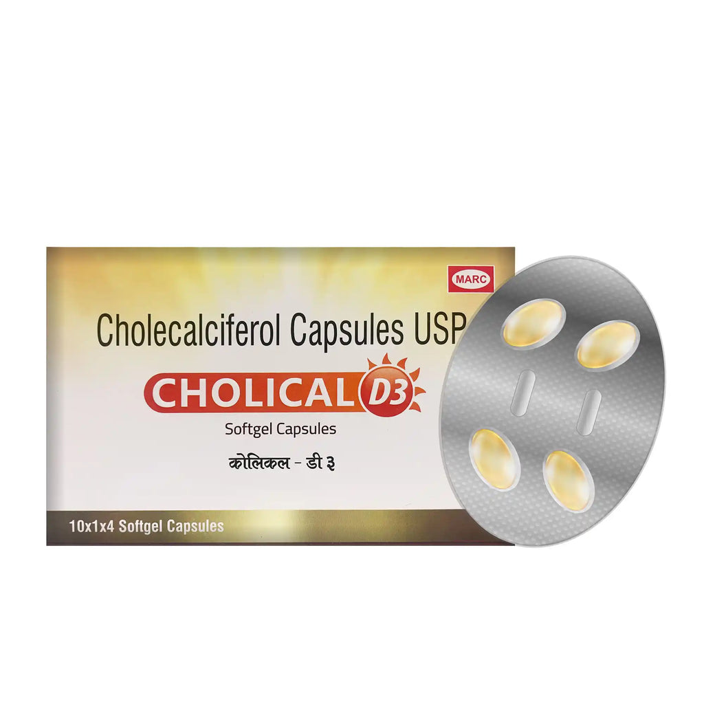 Cholical D3 Softgel capsules– A high-quality Vitamin D3 supplement formulated to support calcium absorption, strong bones and teeth, muscle function, immune health, and overall wellness by helping maintain optimal Vitamin D levels.
