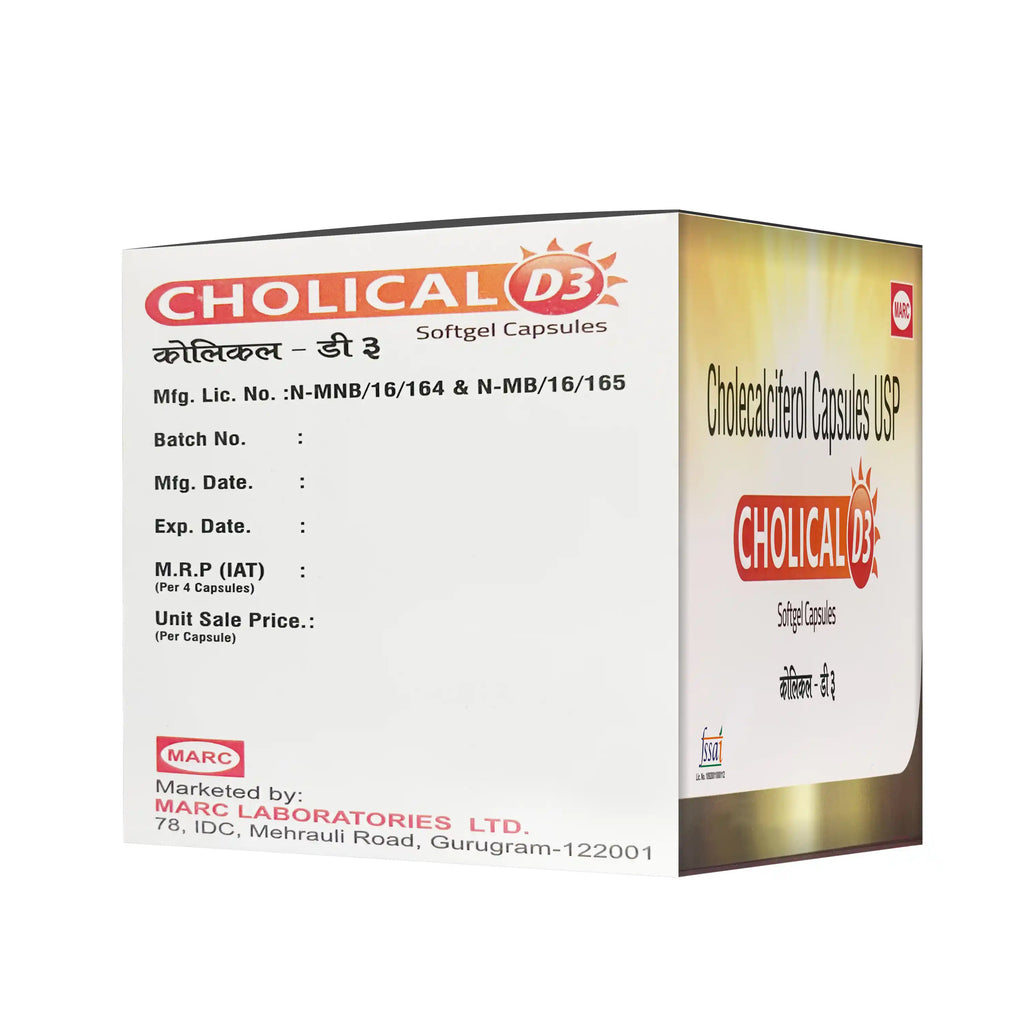 Cholical D3 Softgel capsules– A high-quality Vitamin D3 supplement formulated to support calcium absorption, strong bones and teeth, muscle function, immune health, and overall wellness by helping maintain optimal Vitamin D levels.