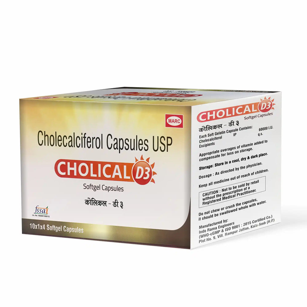 Cholical D3 Softgel capsules– A high-quality Vitamin D3 supplement formulated to support calcium absorption, strong bones and teeth, muscle function, immune health, and overall wellness by helping maintain optimal Vitamin D levels.